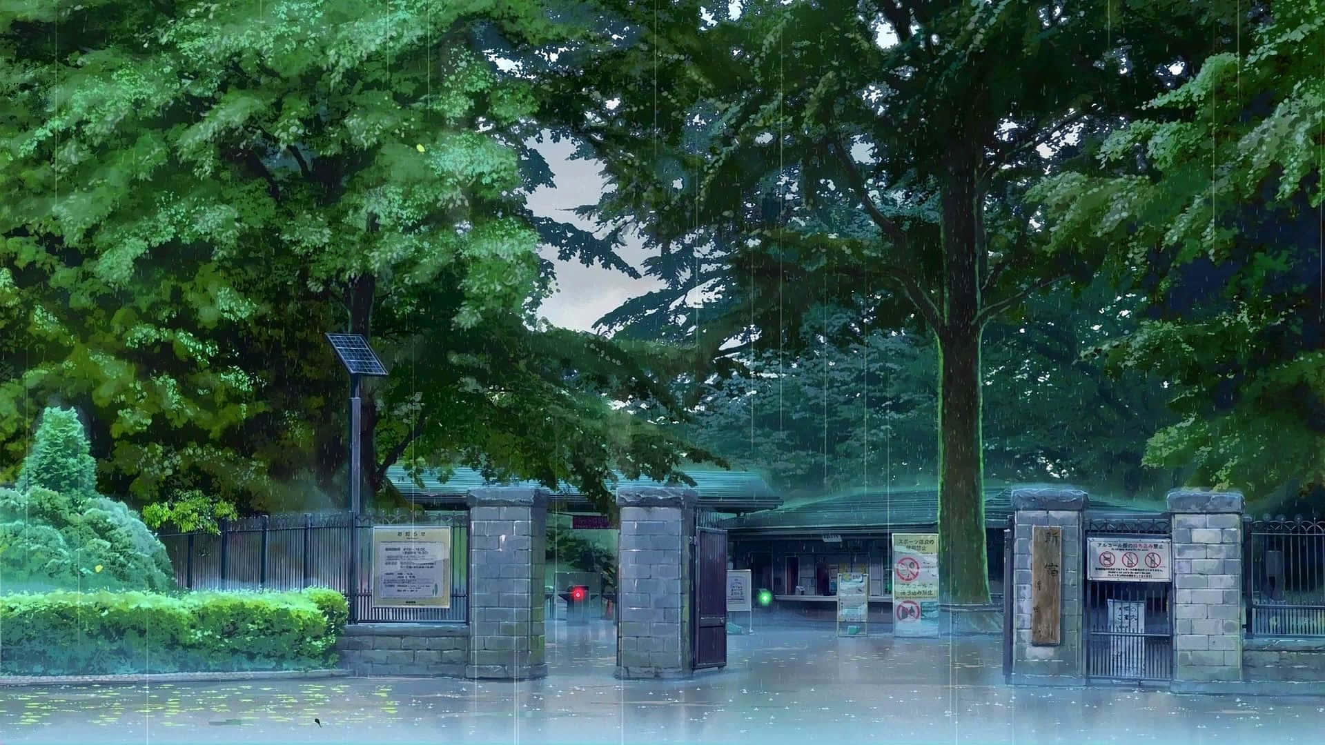 Anime Park Scenery, school gate, lush green trees, Full HD Desktop Wallpaper