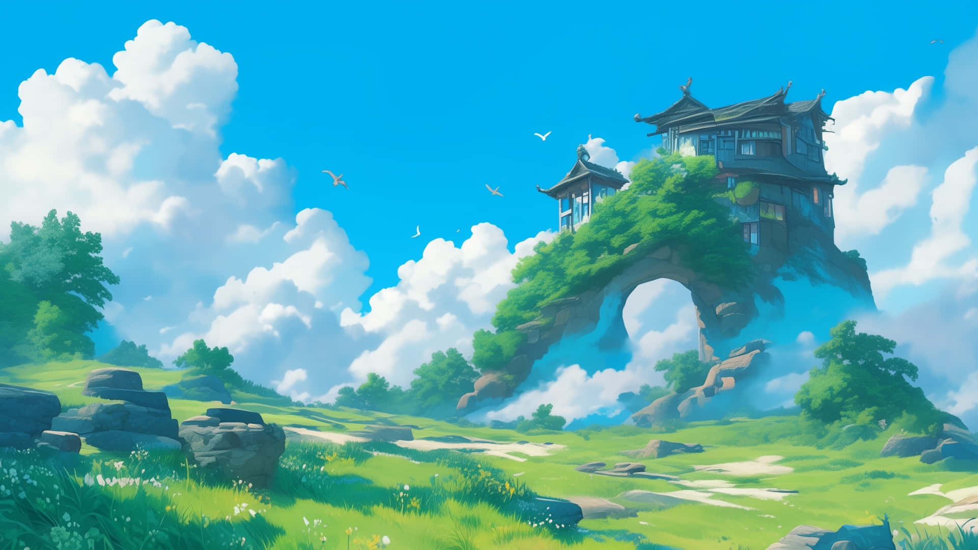pagoda, mossy rock arch, sunlit green meadow, Full HD Desktop Wallpaper