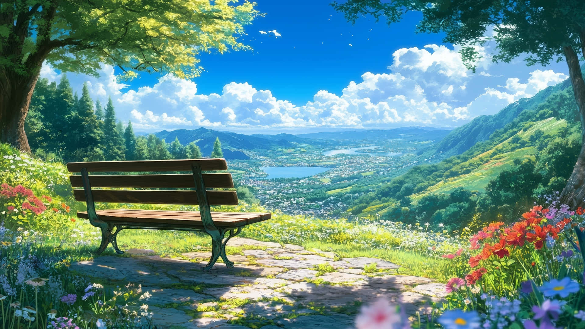 wooden bench, stone path, vibrant wildflowers, Full HD Desktop Wallpaper