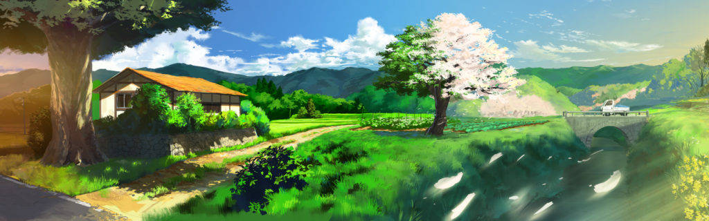 House In Countryside Anime Pc, anime-style countryside scene, blossoming cherry tree, SD Desktop Wallpaper