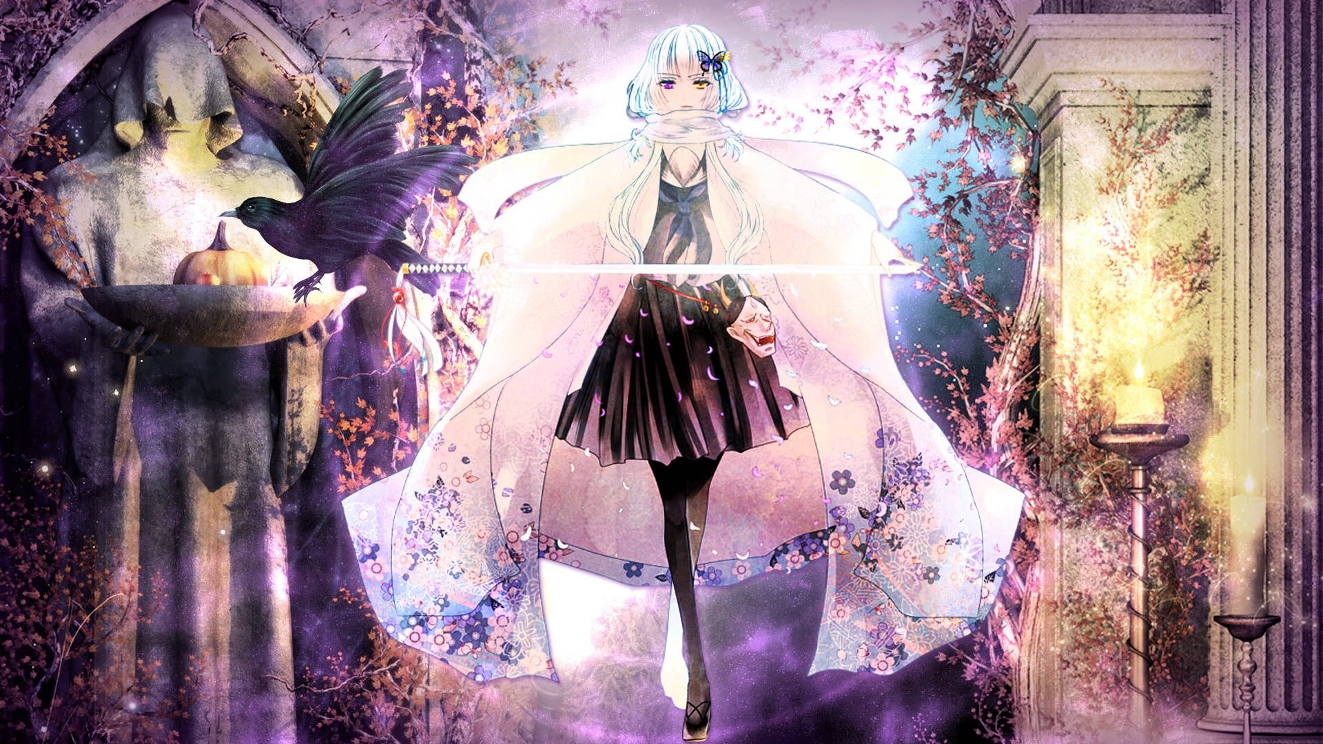 Blue Hair Girl, anime girl, floral coat, Full HD Desktop Wallpaper