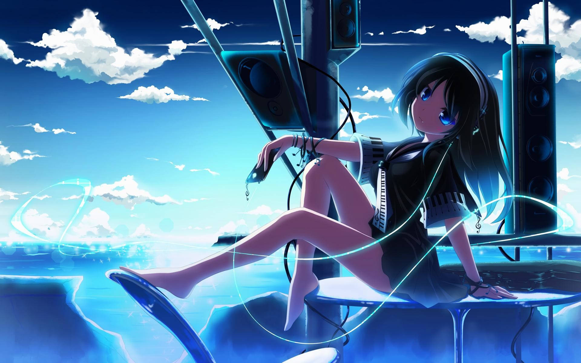 anime girl, headphones, speakers, Full HD Desktop Wallpaper