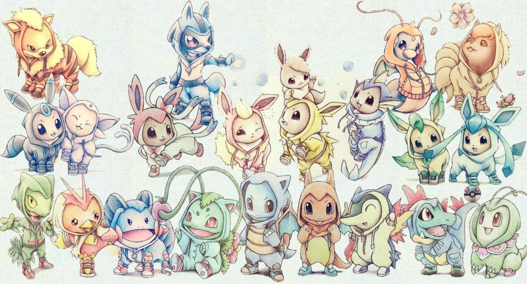 Cute Pokemon Anime Pc, chibi-style Pokémon characters, colorful outfits, SD Desktop Wallpaper