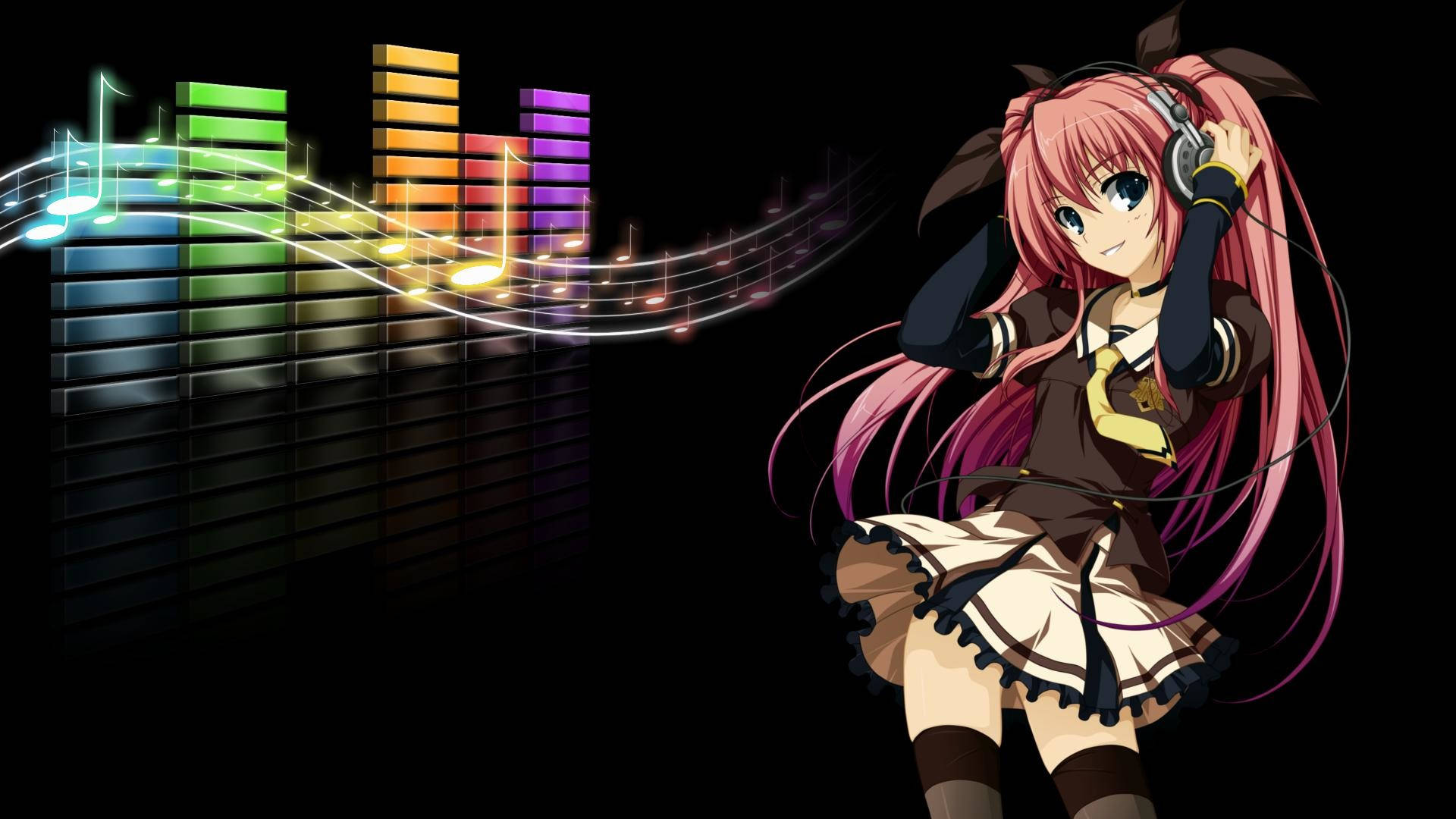 Pink Hair Girl, Anime girl with pink hair, colorful sound waves, Full HD Desktop Wallpaper