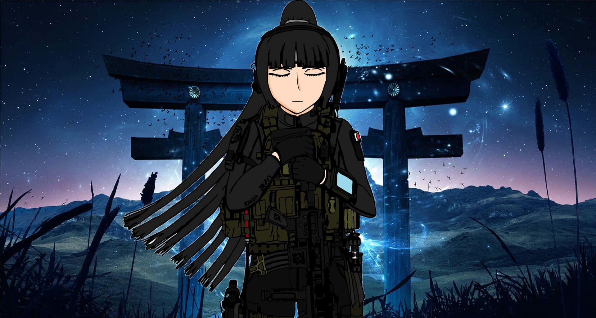 anime girl, tactical gear, glowing torii gate, Full HD Desktop Wallpaper