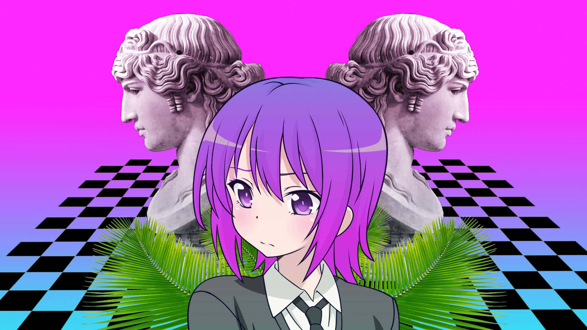 purple-haired anime girl, school uniform, classical busts, Full HD Desktop Wallpaper