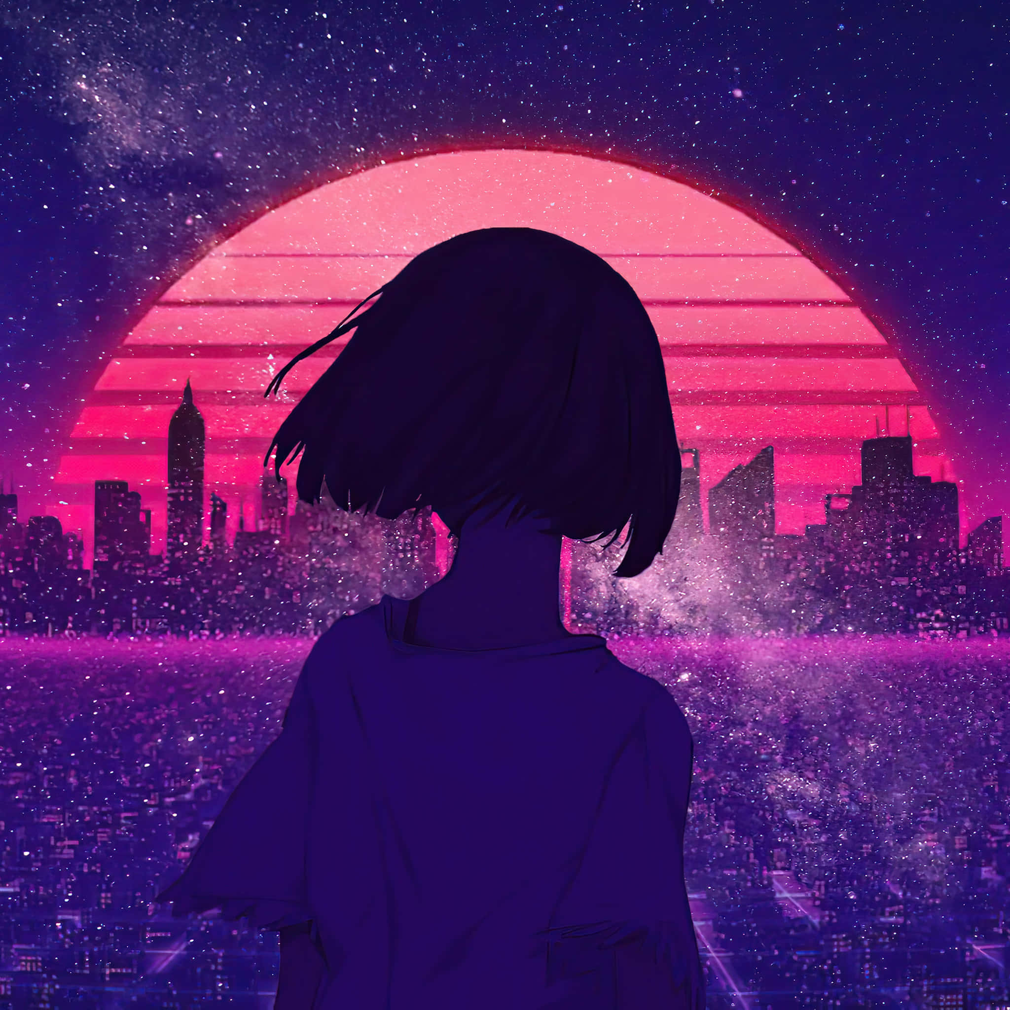 anime girl, glowing pink sun, futuristic cityscape, Full HD Desktop Wallpaper