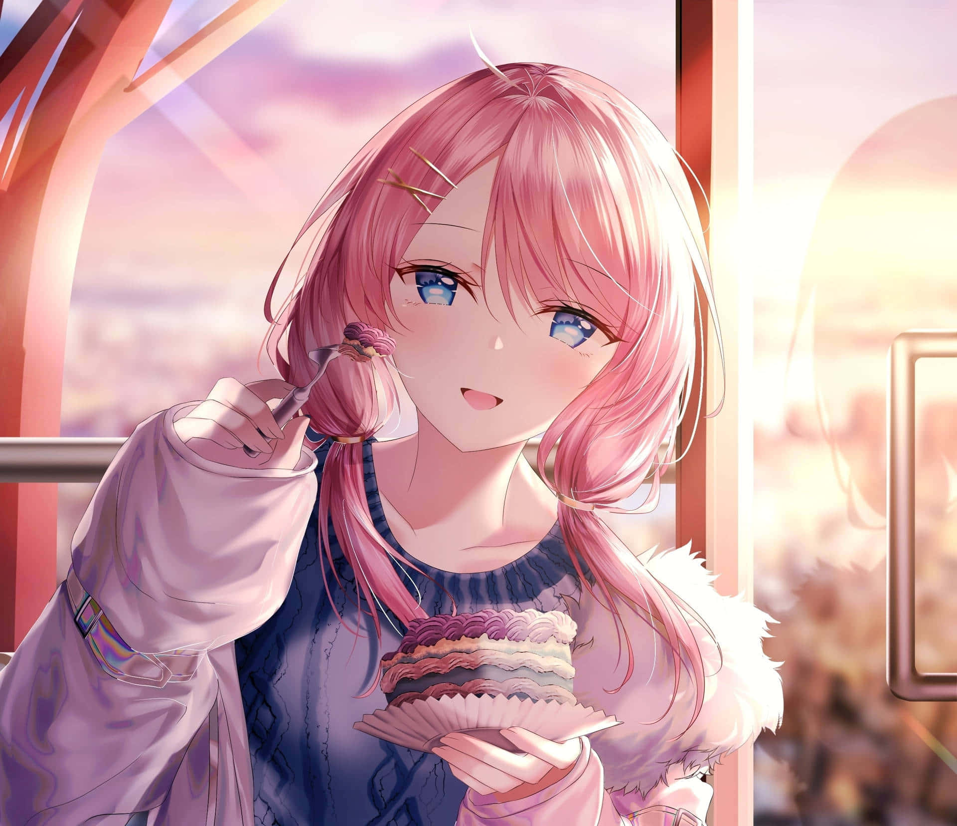 pink-haired anime girl, layered cake, train car, Full HD Desktop Wallpaper