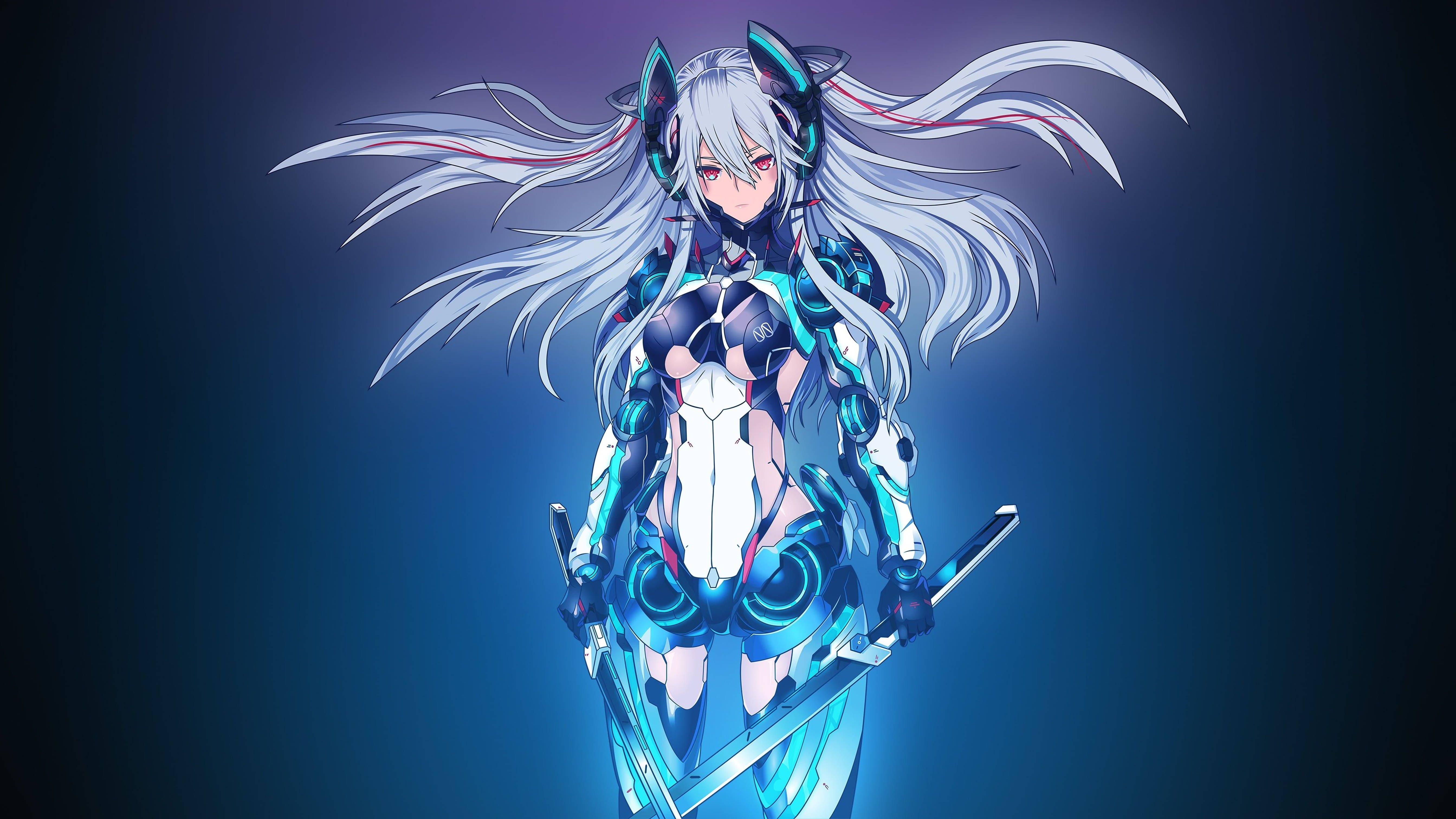 4K PFP, mecha girl, silver hair, 5K Desktop Wallpaper