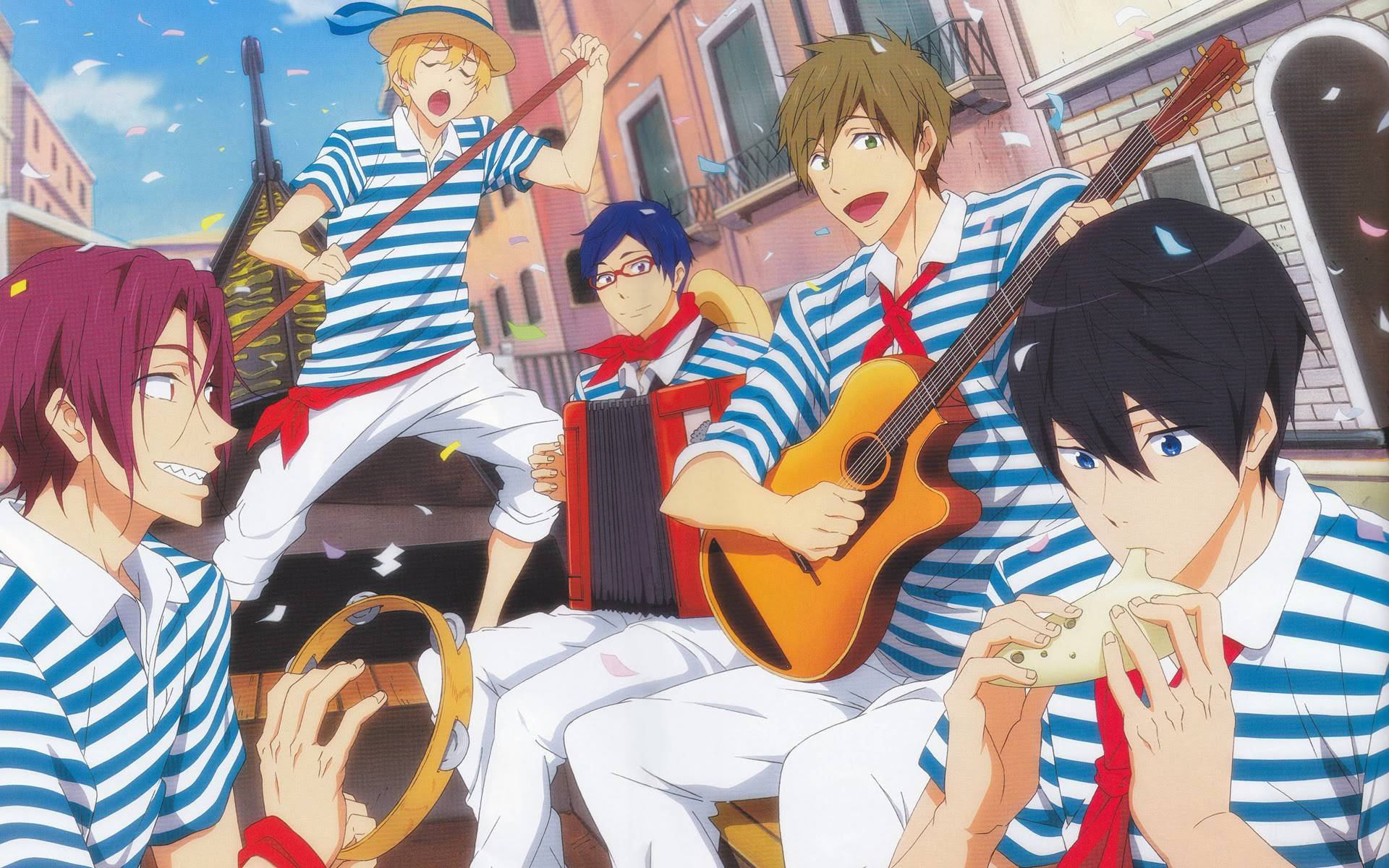 anime boys, striped shirts, musical instruments, Full HD Desktop Wallpaper