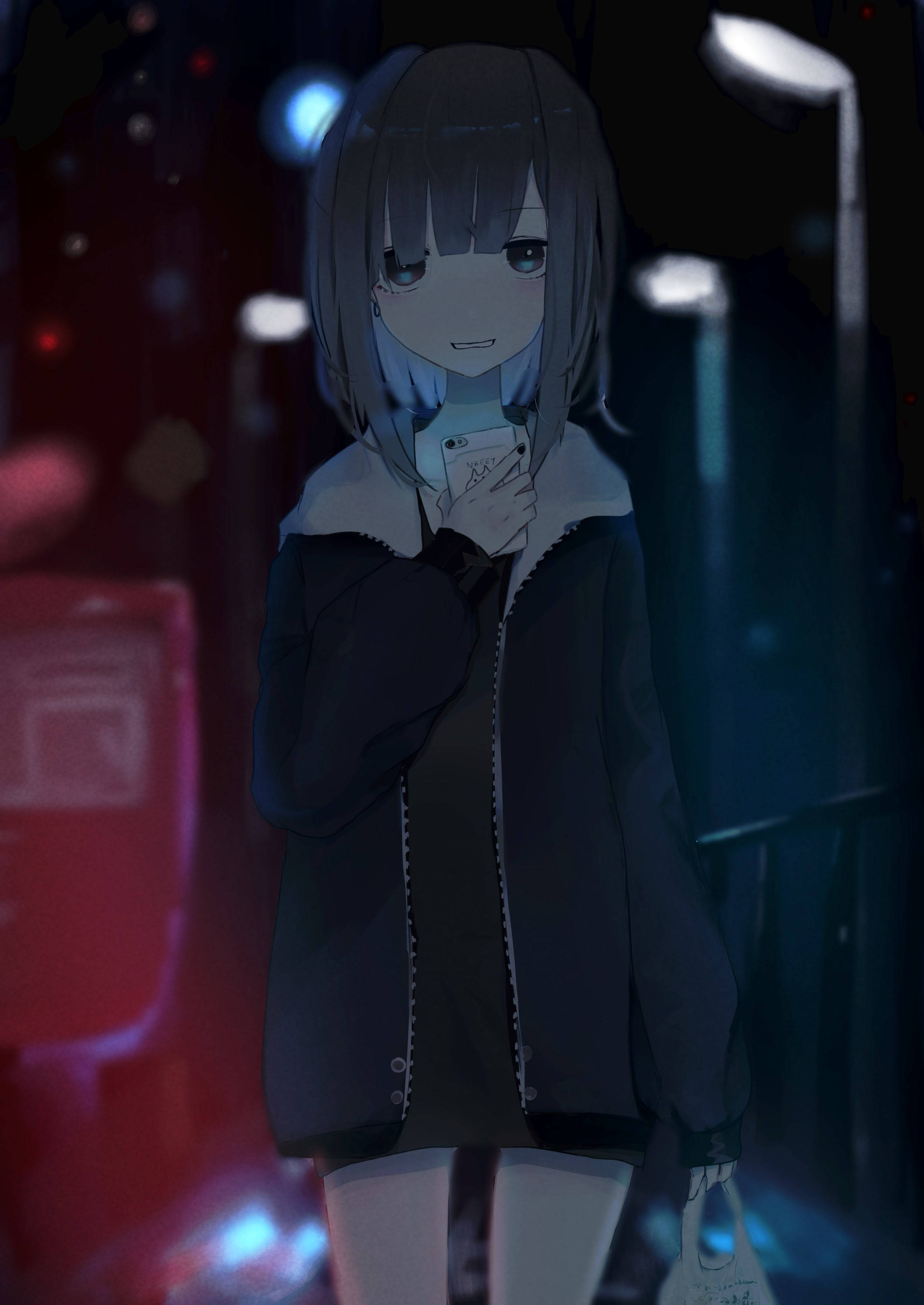 Girl In The Street, anime girl, short gray hair, 2K Phone Wallpaper