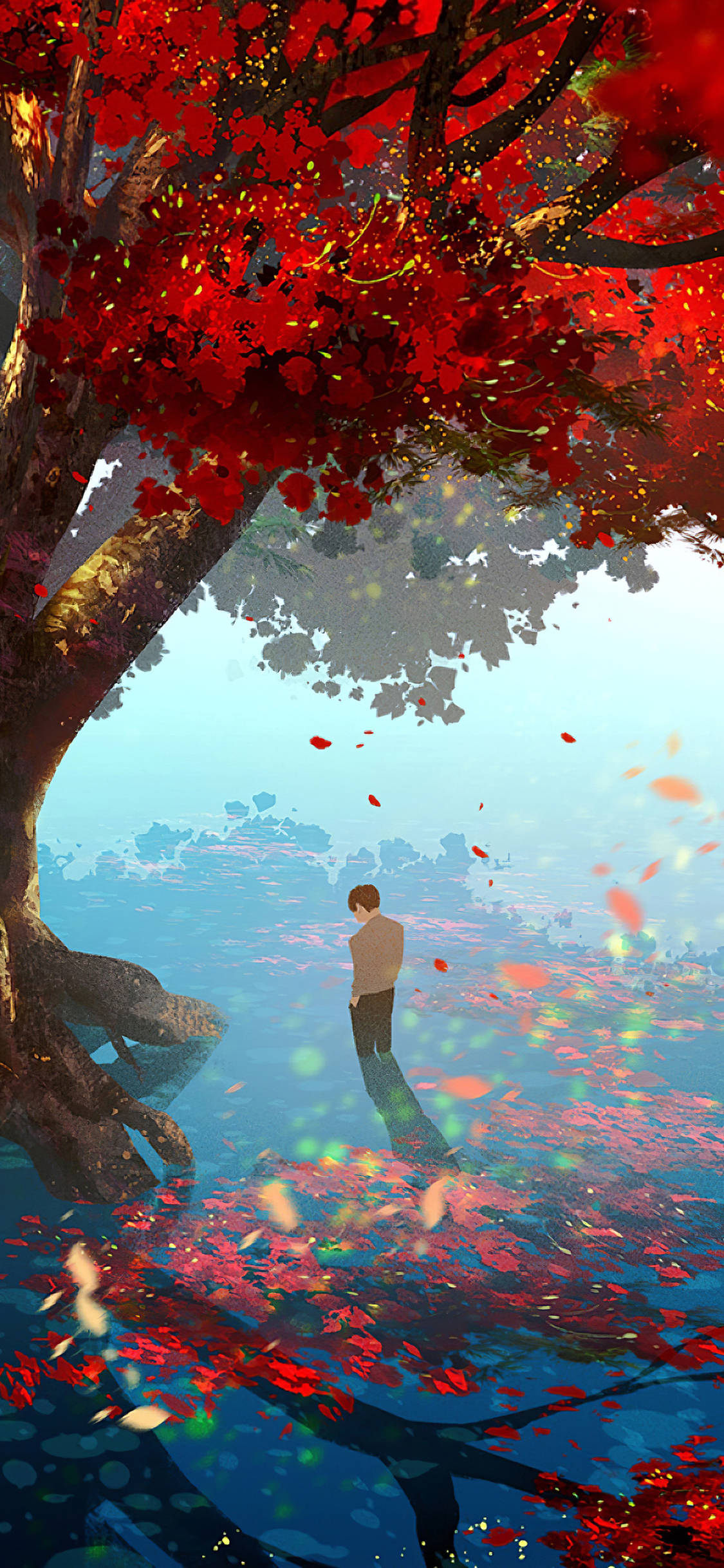 Autumn Tree, anime phone, fiery red leaves, Full HD Phone Wallpaper