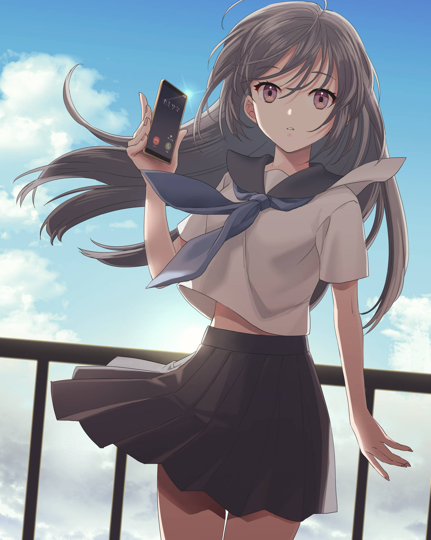 gray-haired anime girl, school uniform, phone with a call screen, Full HD Phone Wallpaper