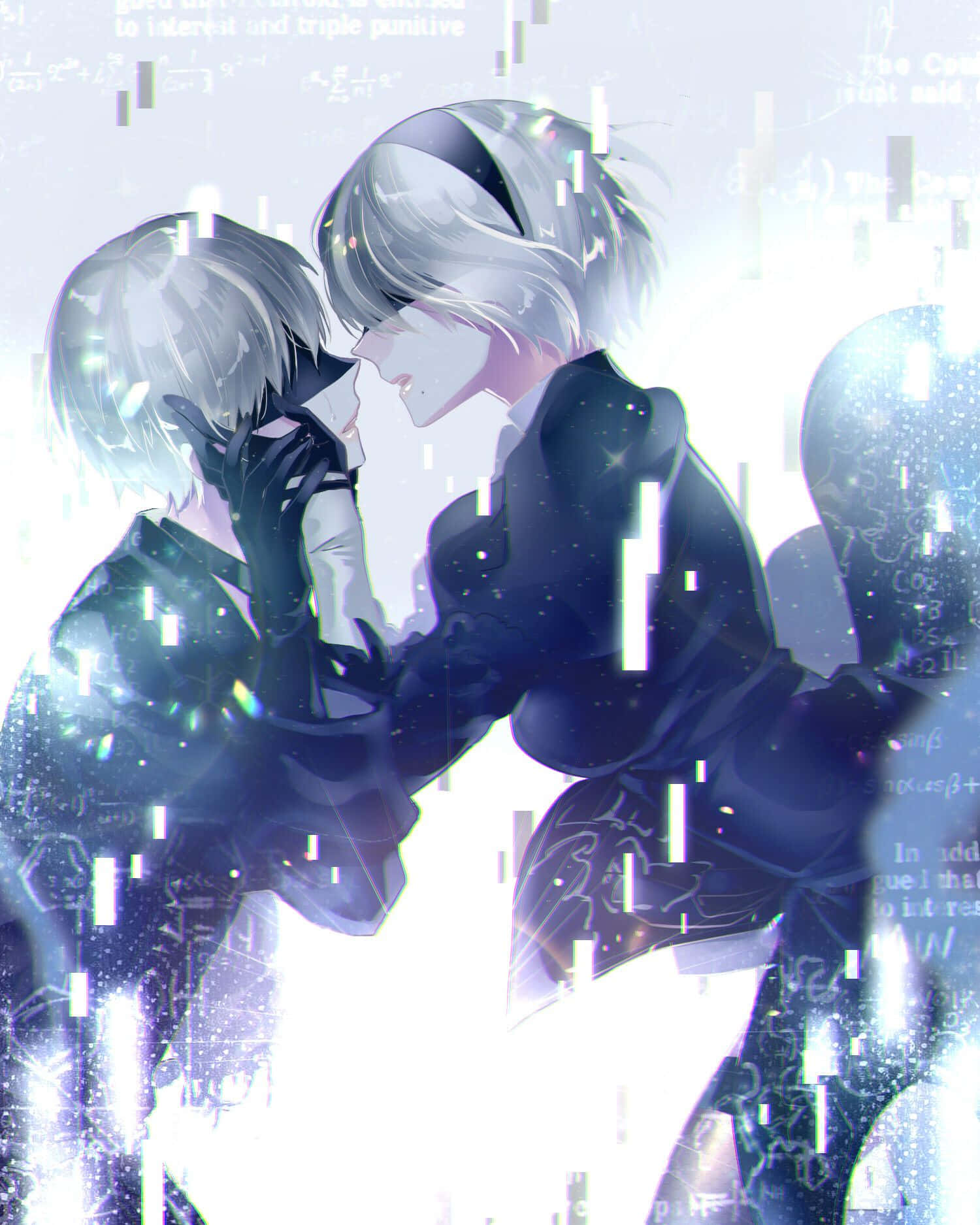 2b, 9s, glowing digital glitches, HD Phone Wallpaper