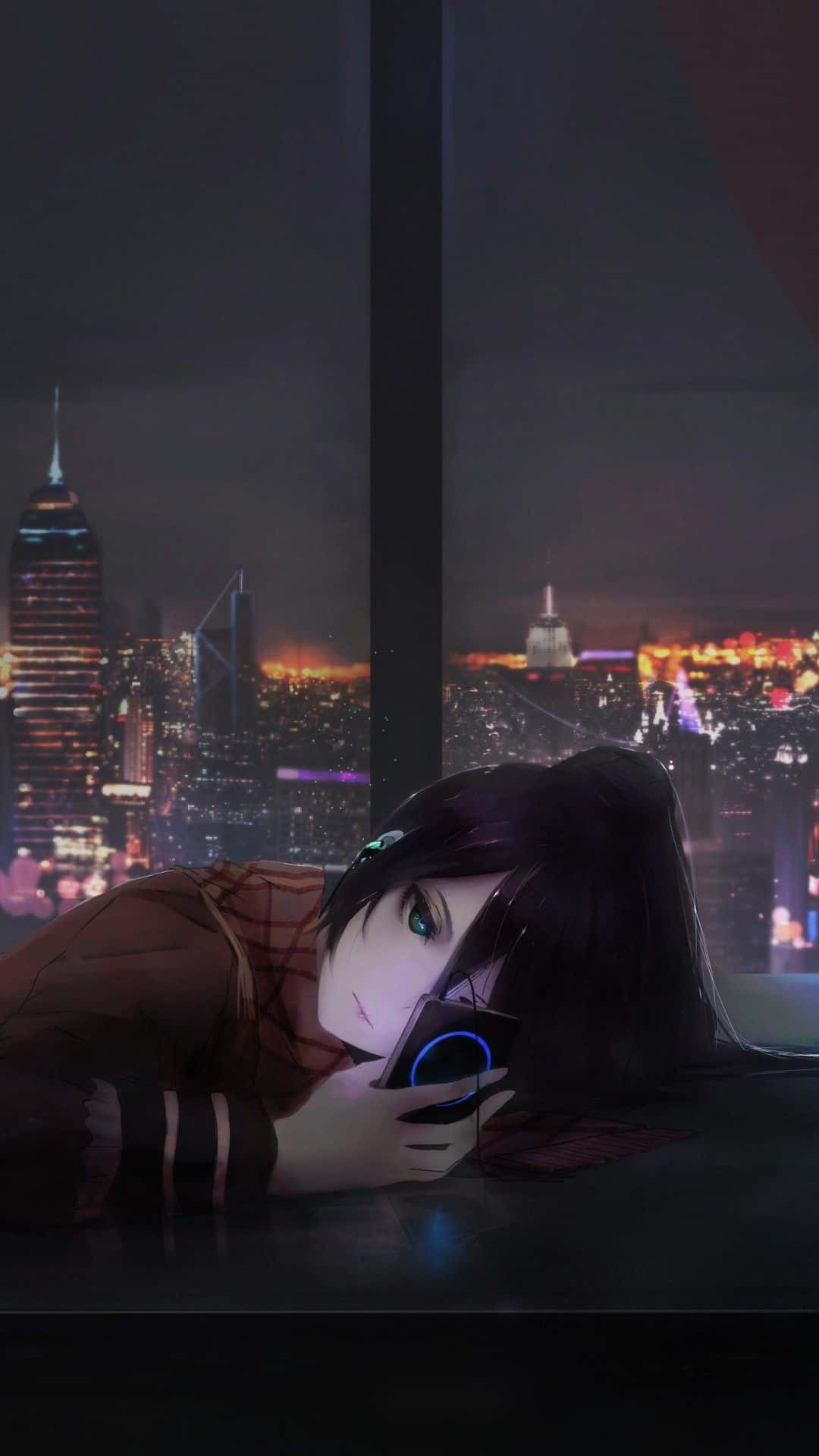 anime girl, dark hair, glowing phone, Full HD Phone Wallpaper