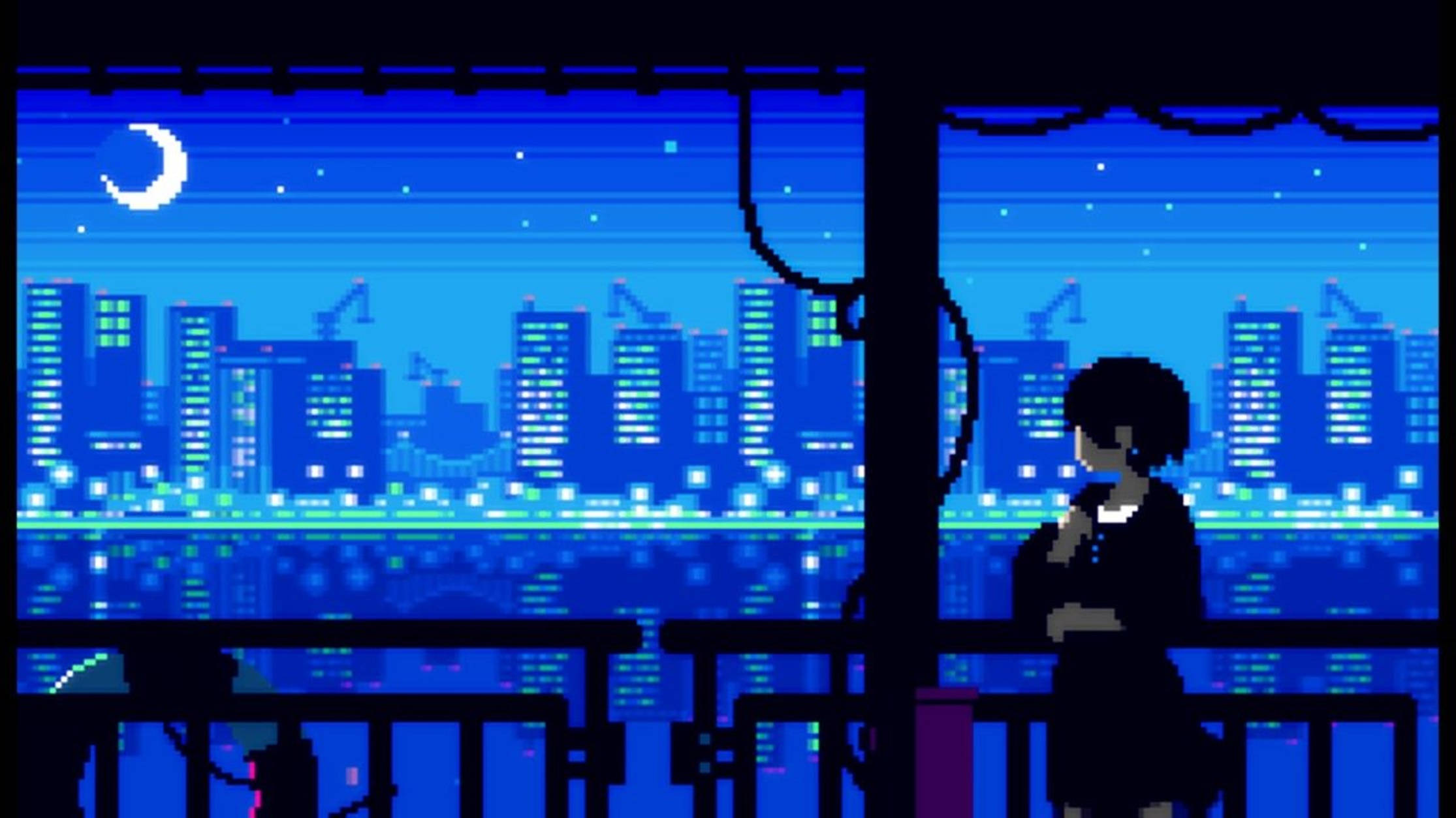 Lo Fi Anime, black hair girl, pixel art, Full HD Desktop Wallpaper