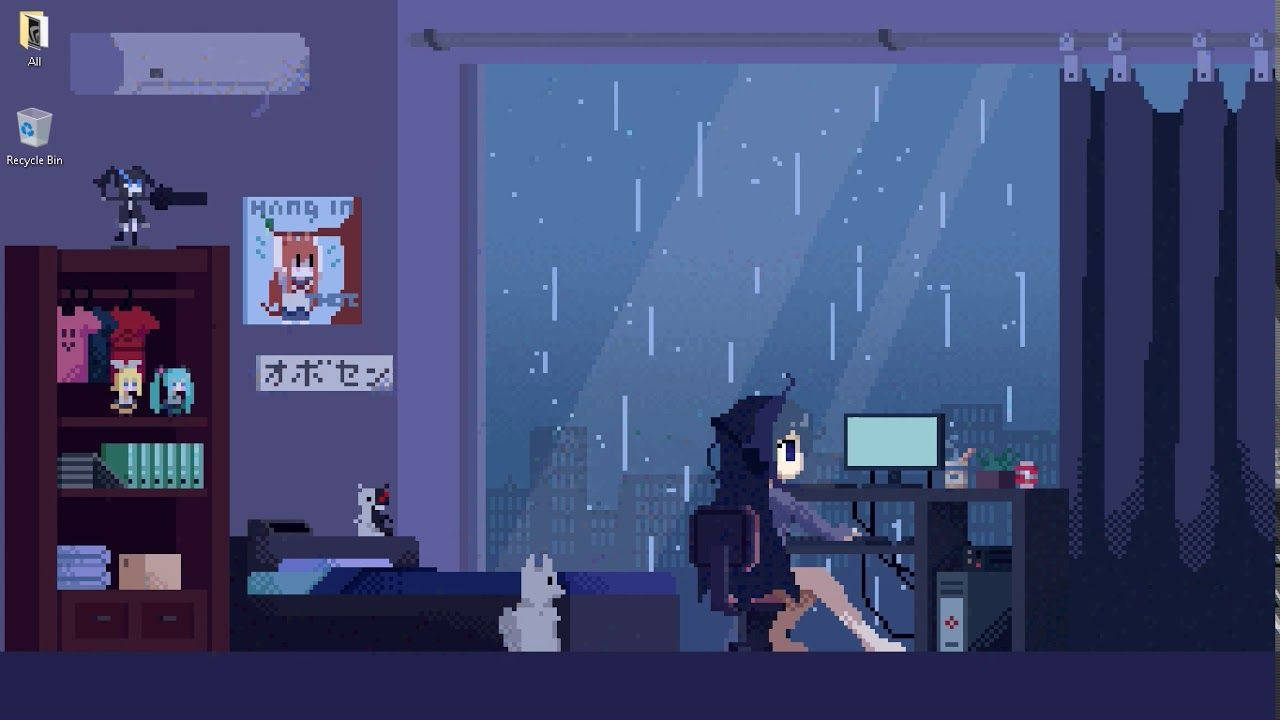 Anime Girl Room Pixel Art, witch hat, desk, HD Desktop Wallpaper