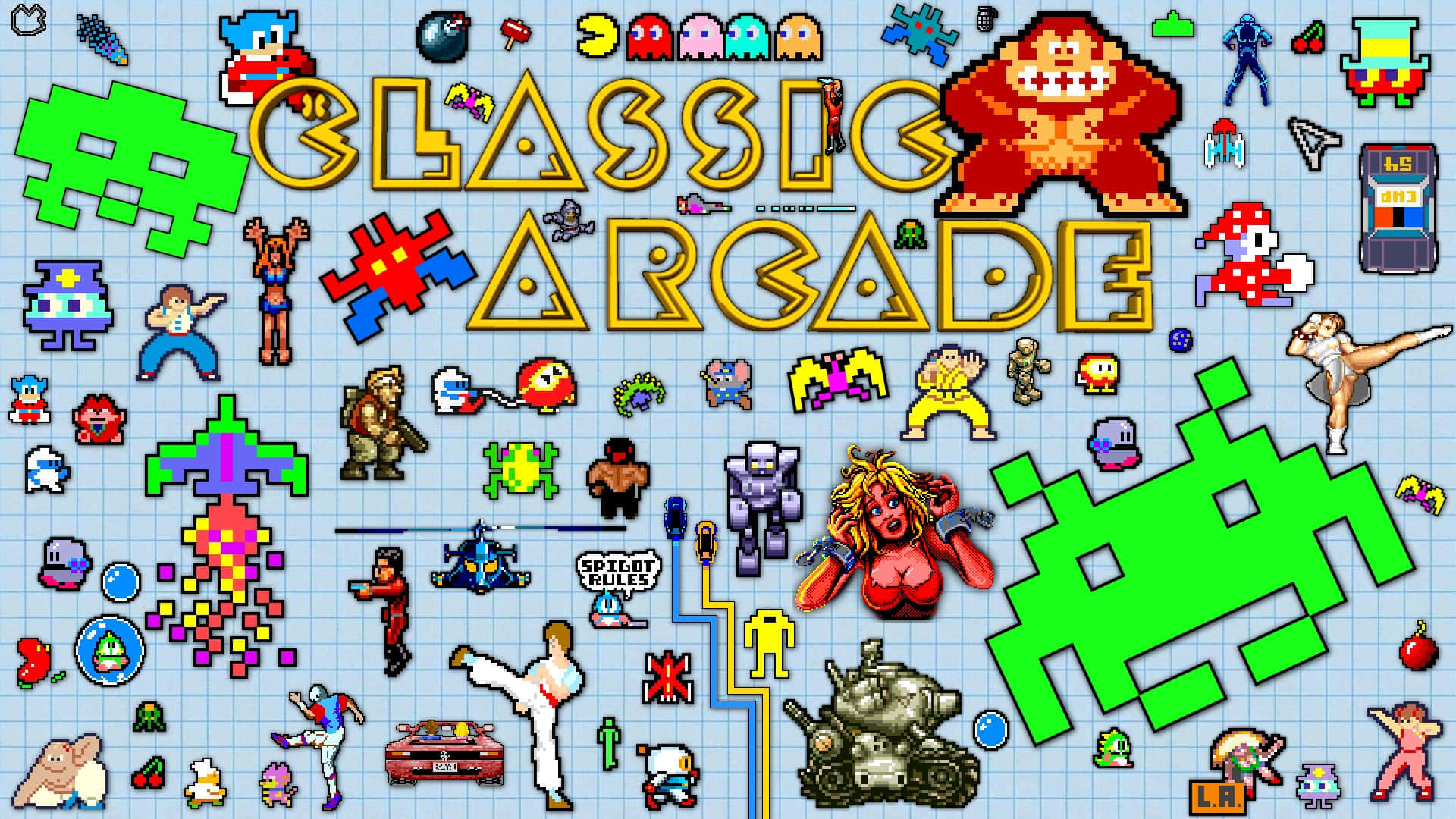 Pixel Classic Arcade Game, classic arcade game characters, classic arcade game titles, Full HD Desktop Wallpaper