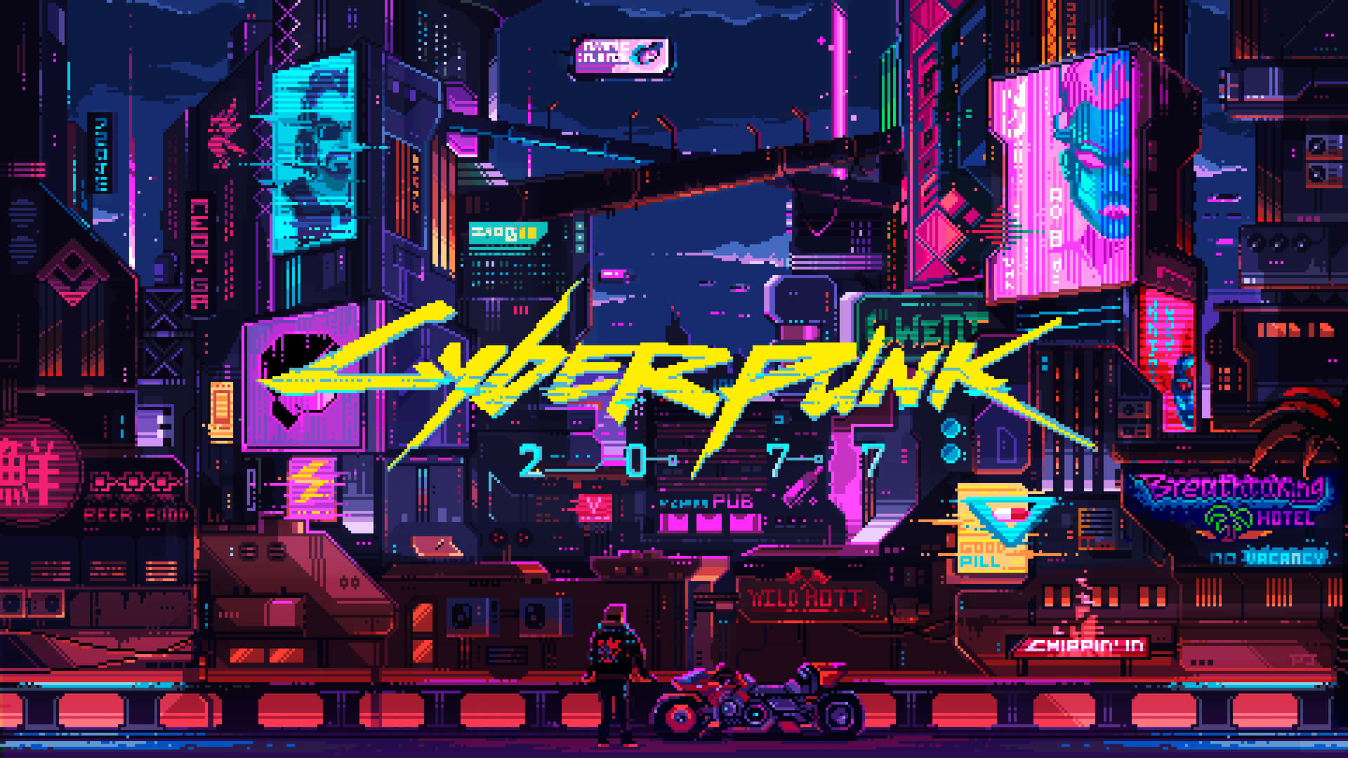 Cyberpunk Pixel Art, pixel-art cyberpunk cityscape, neon signs, Full HD Desktop Wallpaper