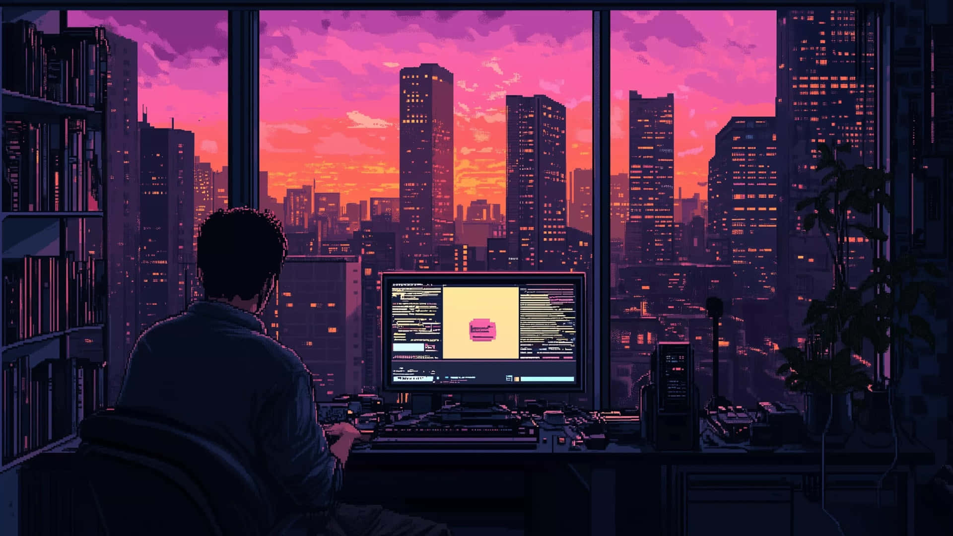 pixel art, cityscape, workspace, Full HD Desktop Wallpaper