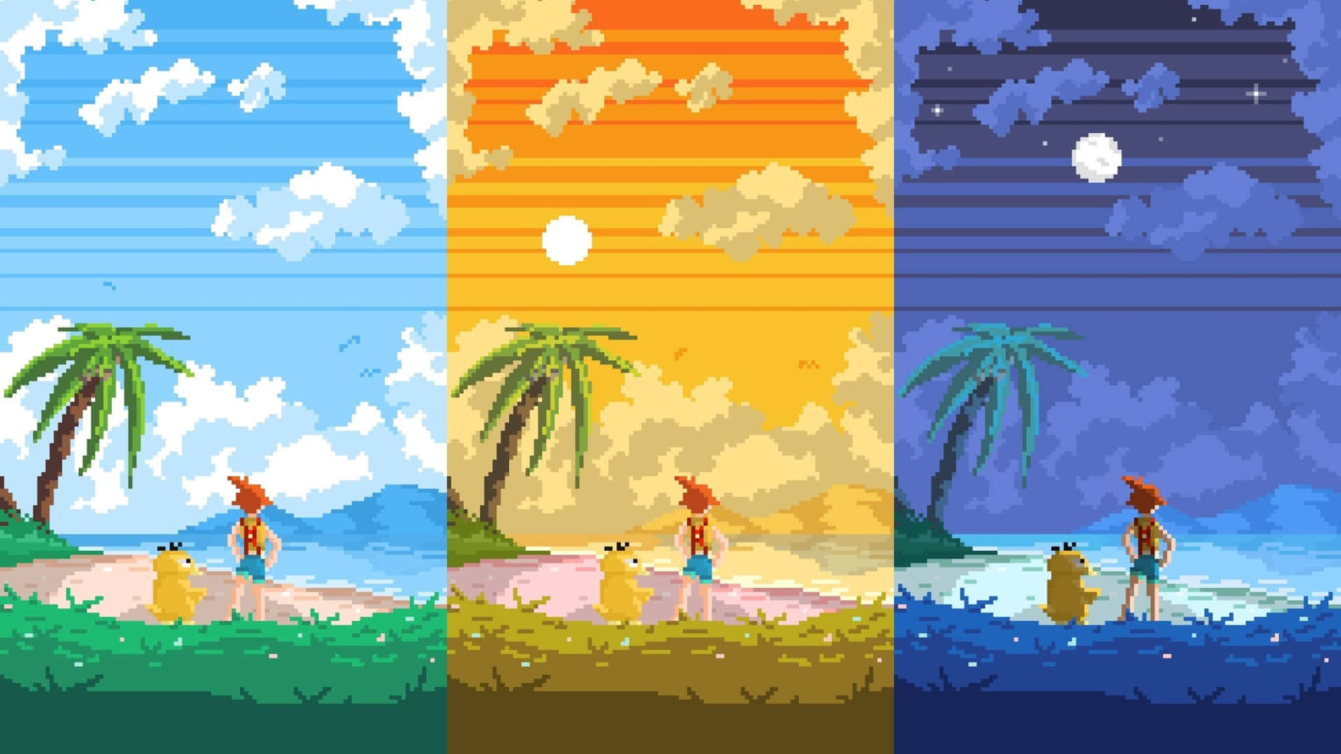 Anime Pixel Art, day to night, beach, Full HD Desktop Wallpaper