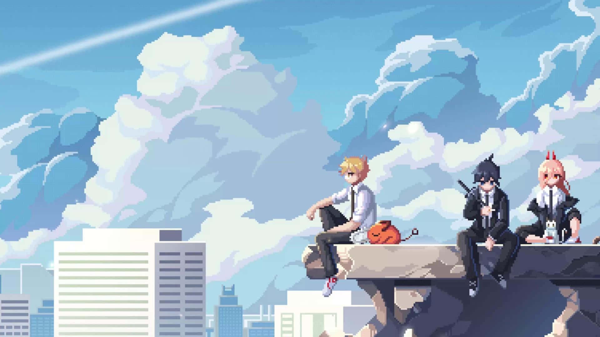 Anime Pixel Art, cityscape, rooftop ledge, Full HD Desktop Wallpaper