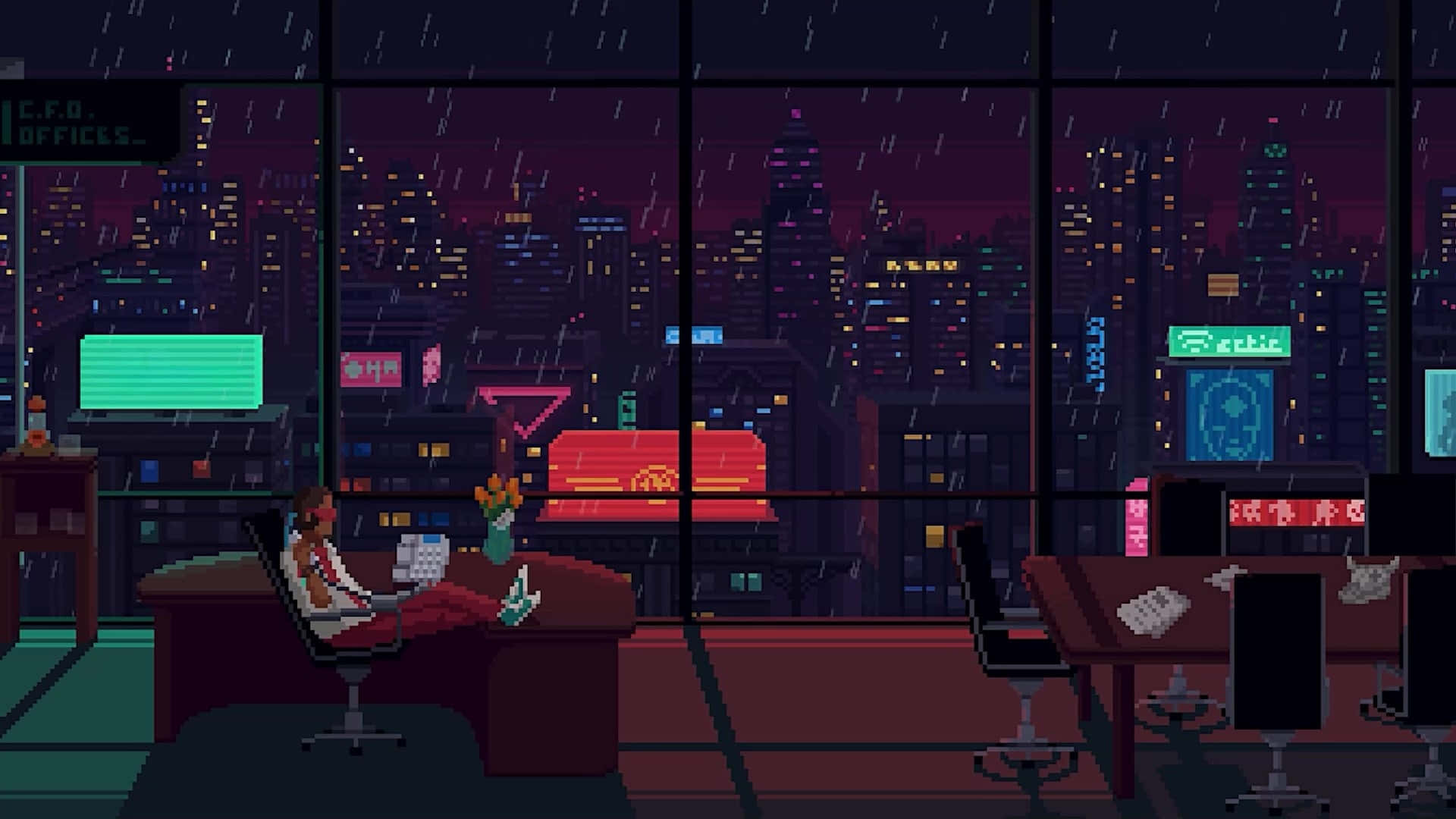 Anime Pixel Art, Nightroom, Pixel art office, Full HD Desktop Wallpaper