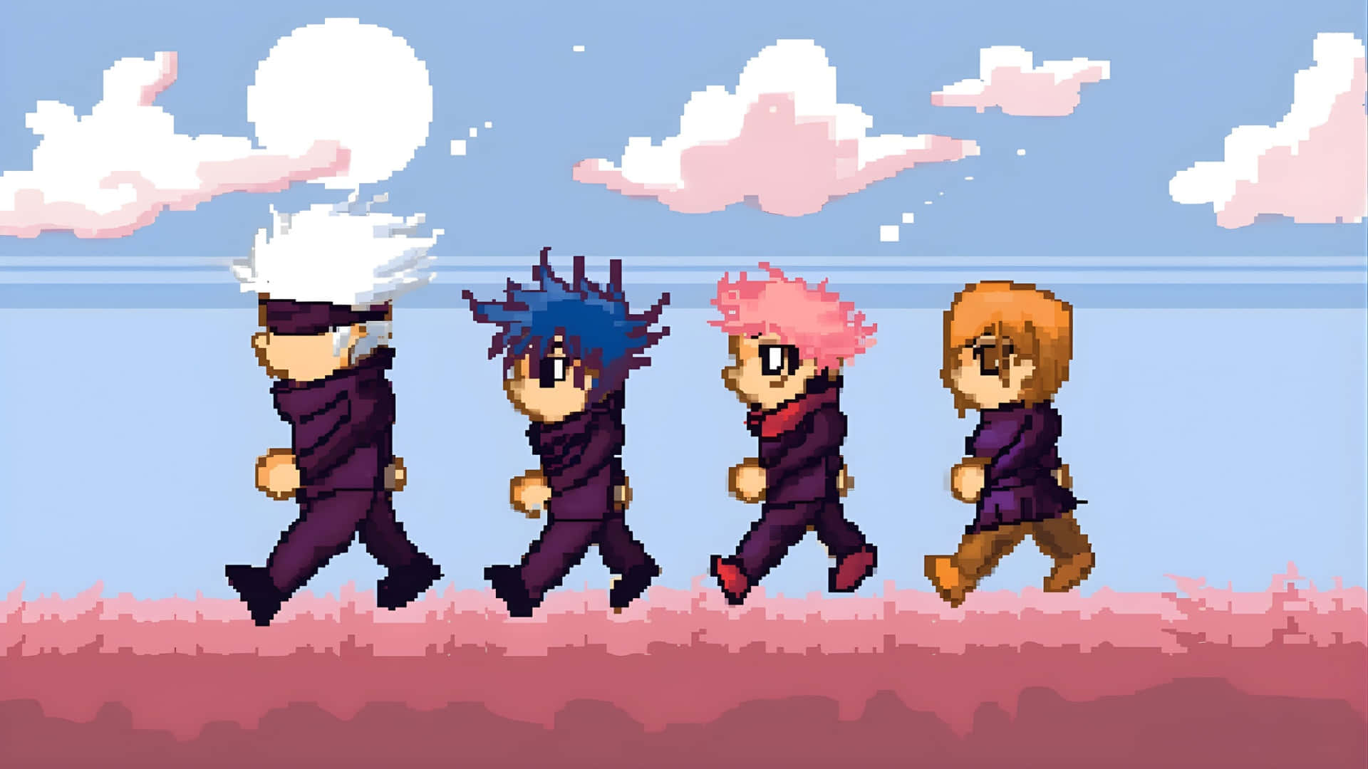 pixel art anime characters, purple outfits, pink terrain, Full HD Desktop Wallpaper