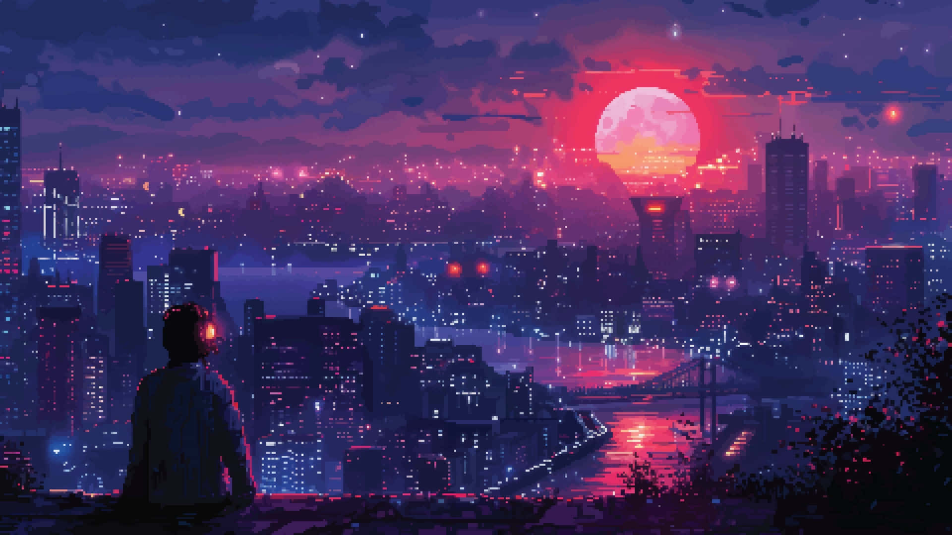 Anime Pixel Art, cityscape, neon-drenched, Full HD Desktop Wallpaper