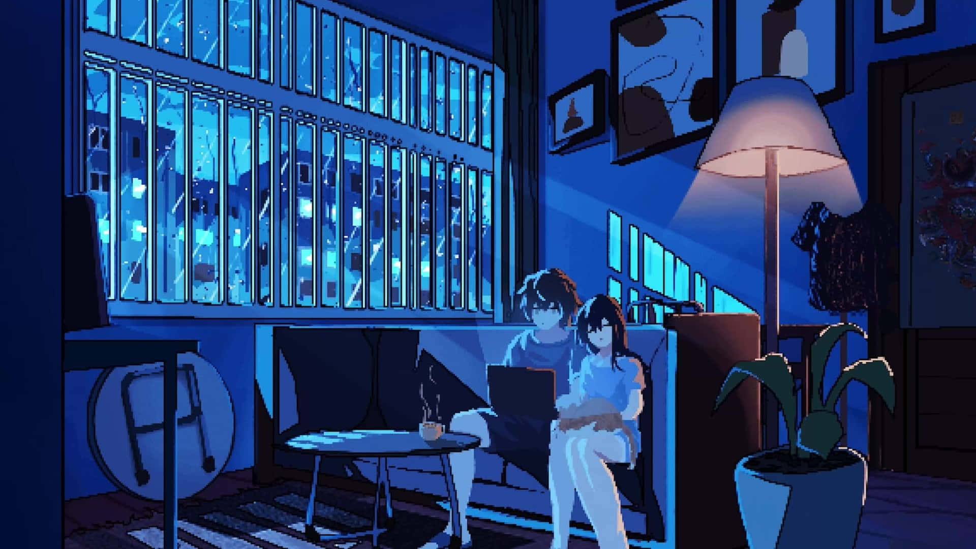 Anime Pixel Art, night scene, dim blue-lit room, Full HD Desktop Wallpaper