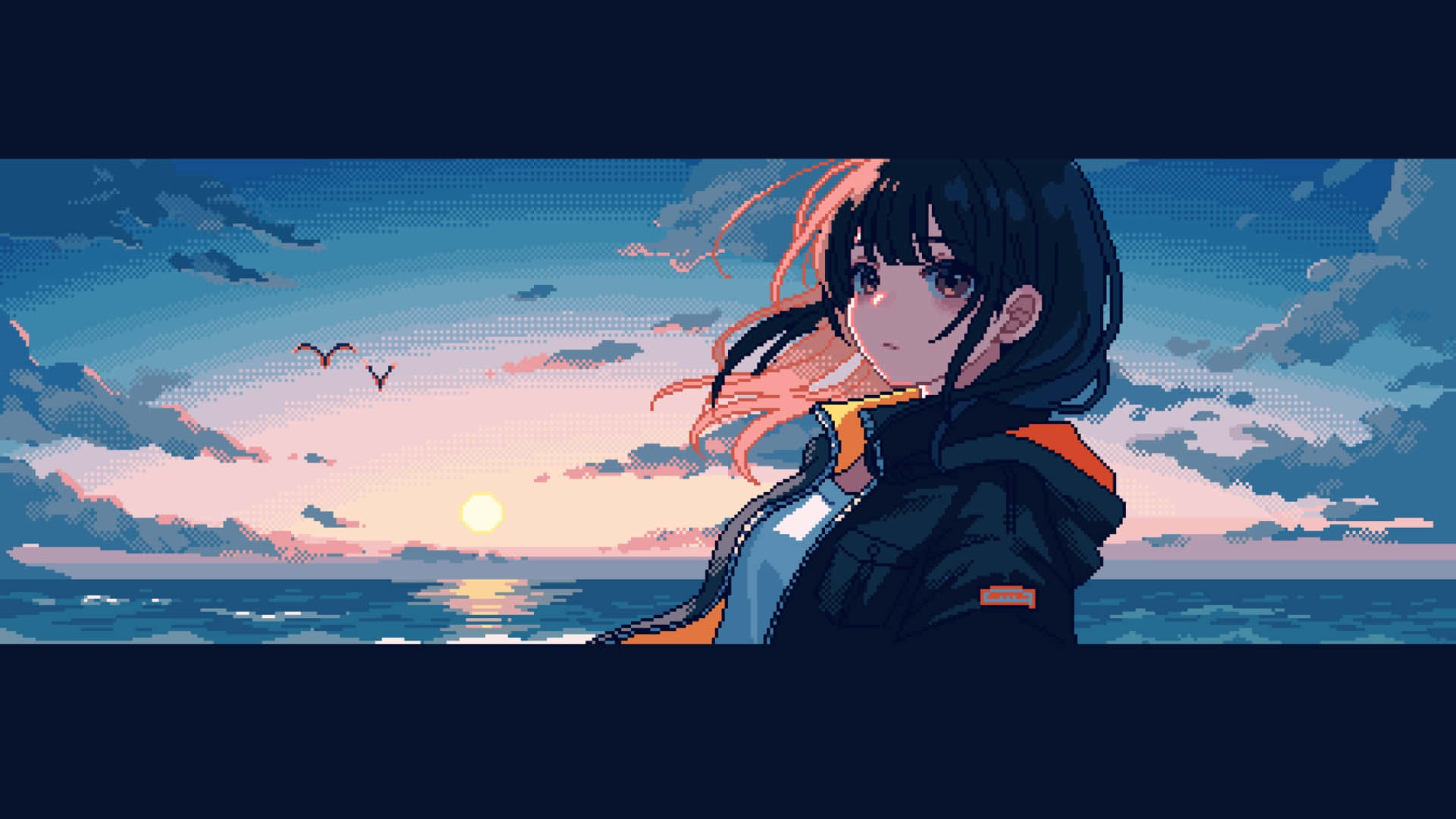 Anime Girl, sunset scene, ocean, Full HD Desktop Wallpaper