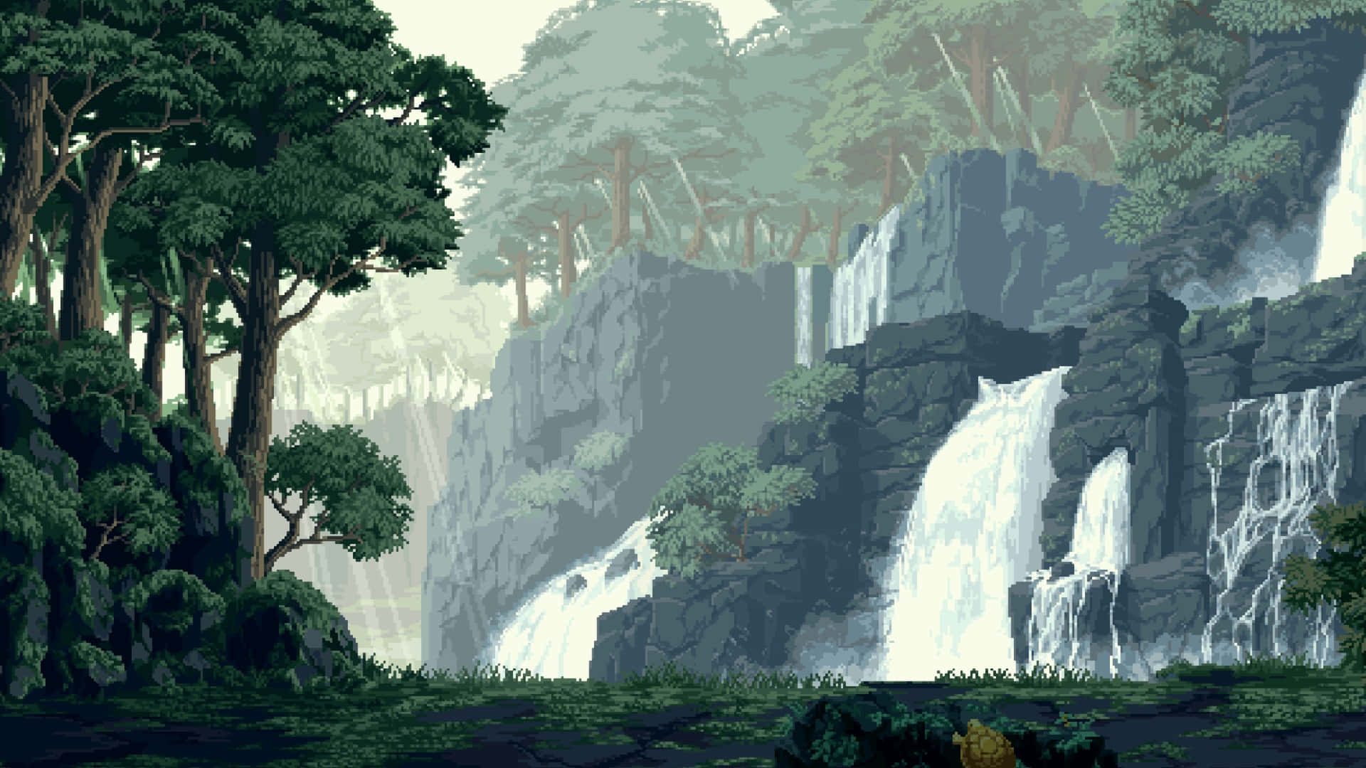 anime, waterfall, pixel art, Full HD Desktop Wallpaper