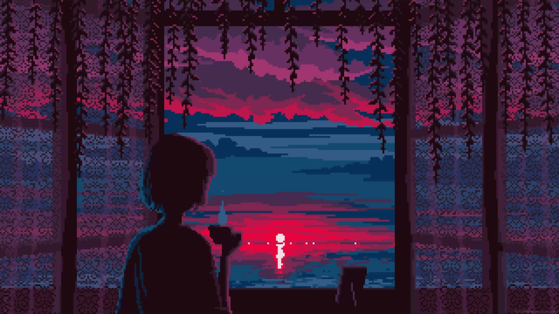 Anime Pixel Art, sunset, pink and blue sunset, Full HD Desktop Wallpaper