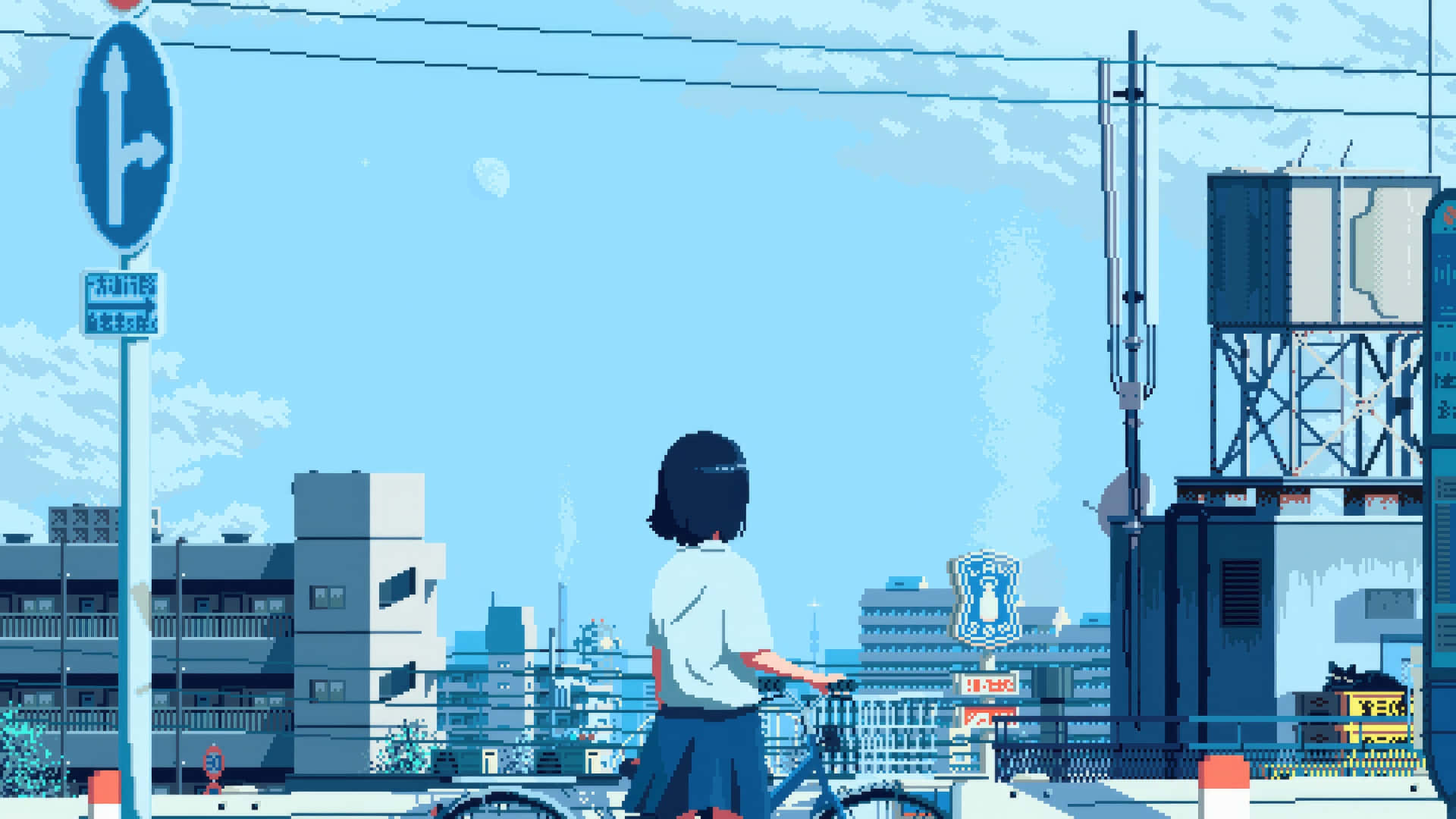 Anime Girl, cityscape, pixel art, Full HD Desktop Wallpaper