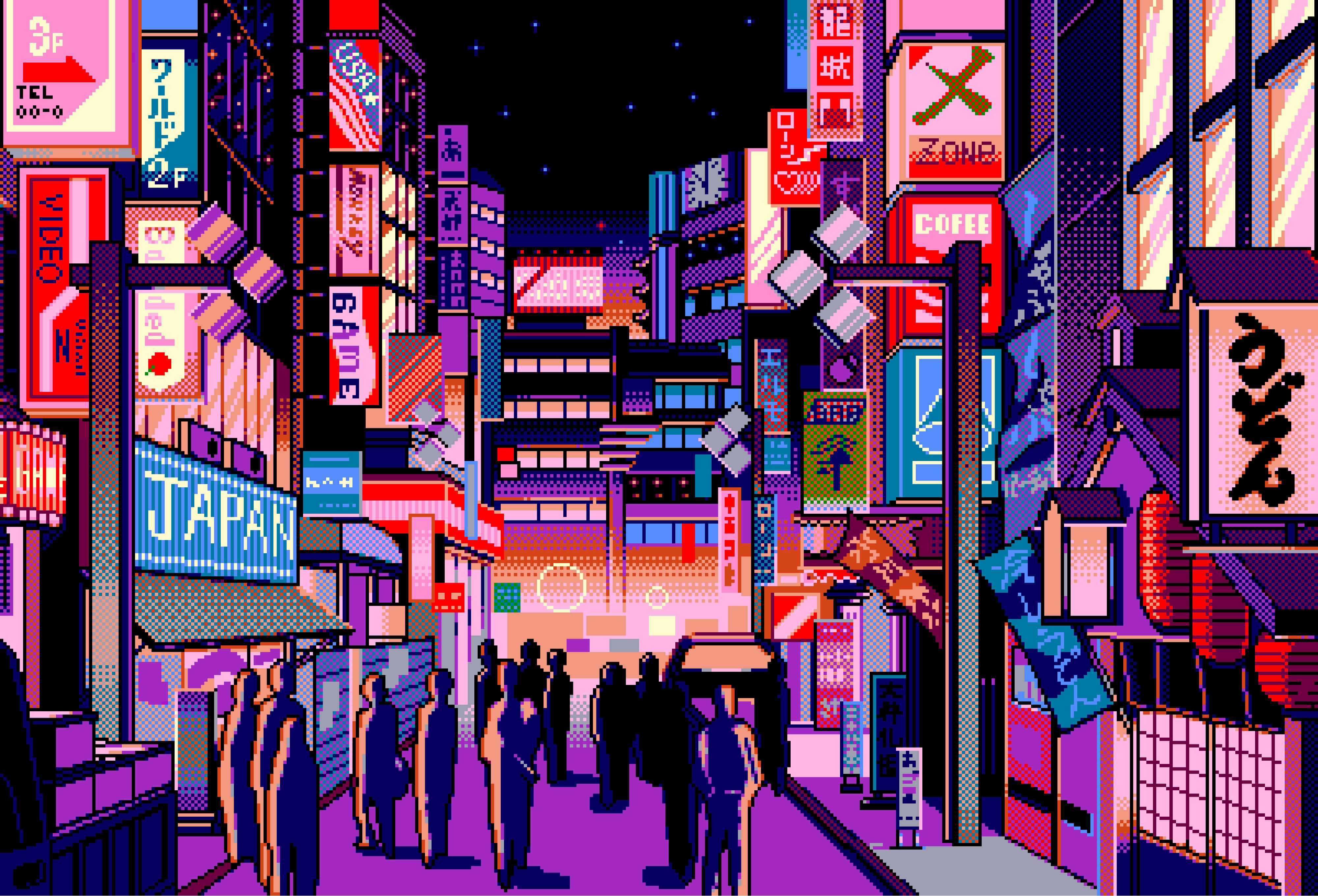 Cyberpunk Pixel Art, neon-lit Tokyo, glowing signs, 4K Desktop Wallpaper