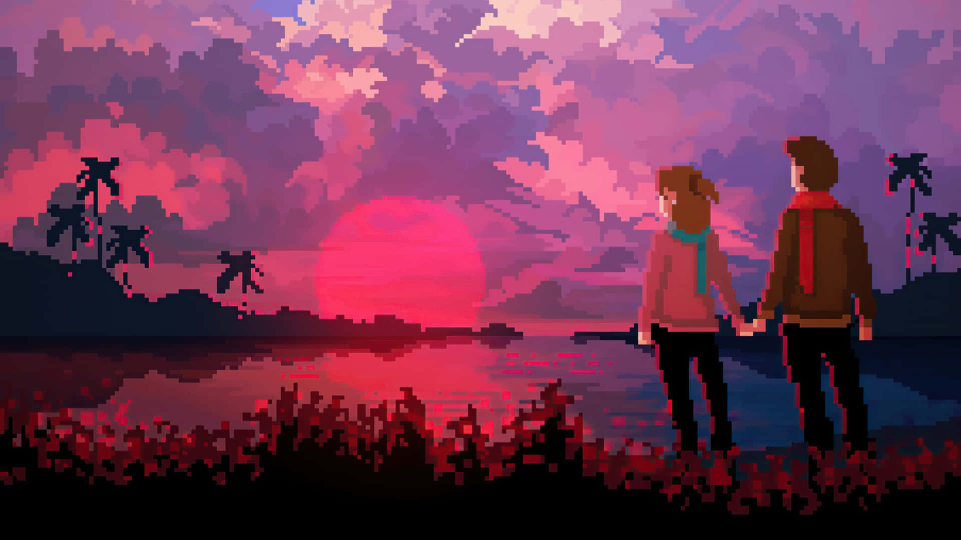 Anime Pixel Art, sunset, beach, Full HD Desktop Wallpaper