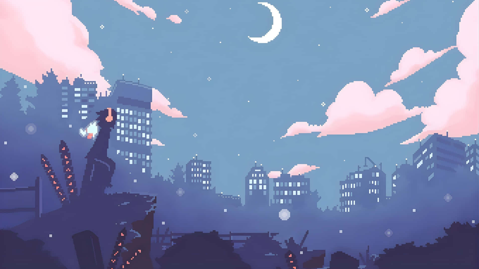 Anime Pixel Art, cityscape, twilight, Full HD Desktop Wallpaper