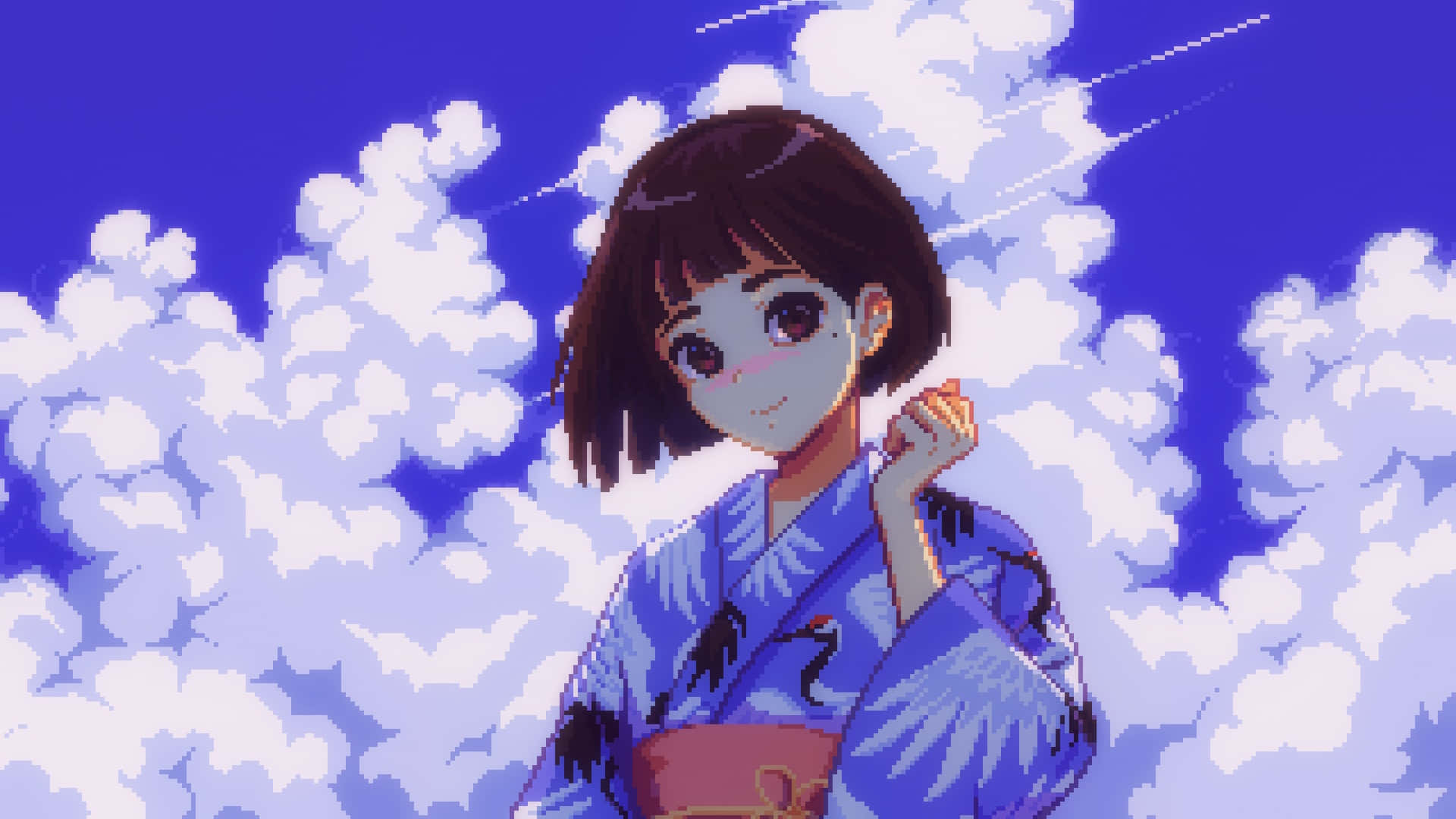 anime girl, yukata, blue kimono, Full HD Desktop Wallpaper