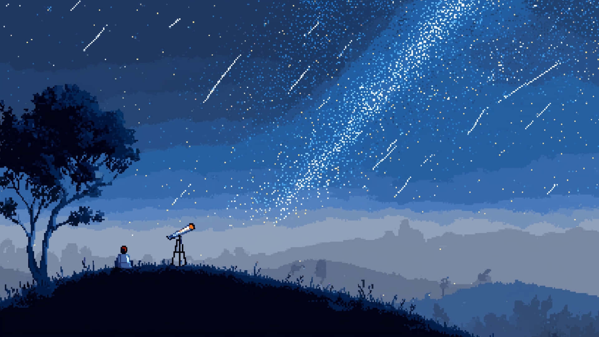 Anime Pixel Art, starry night, pixel art figure, Full HD Desktop Wallpaper