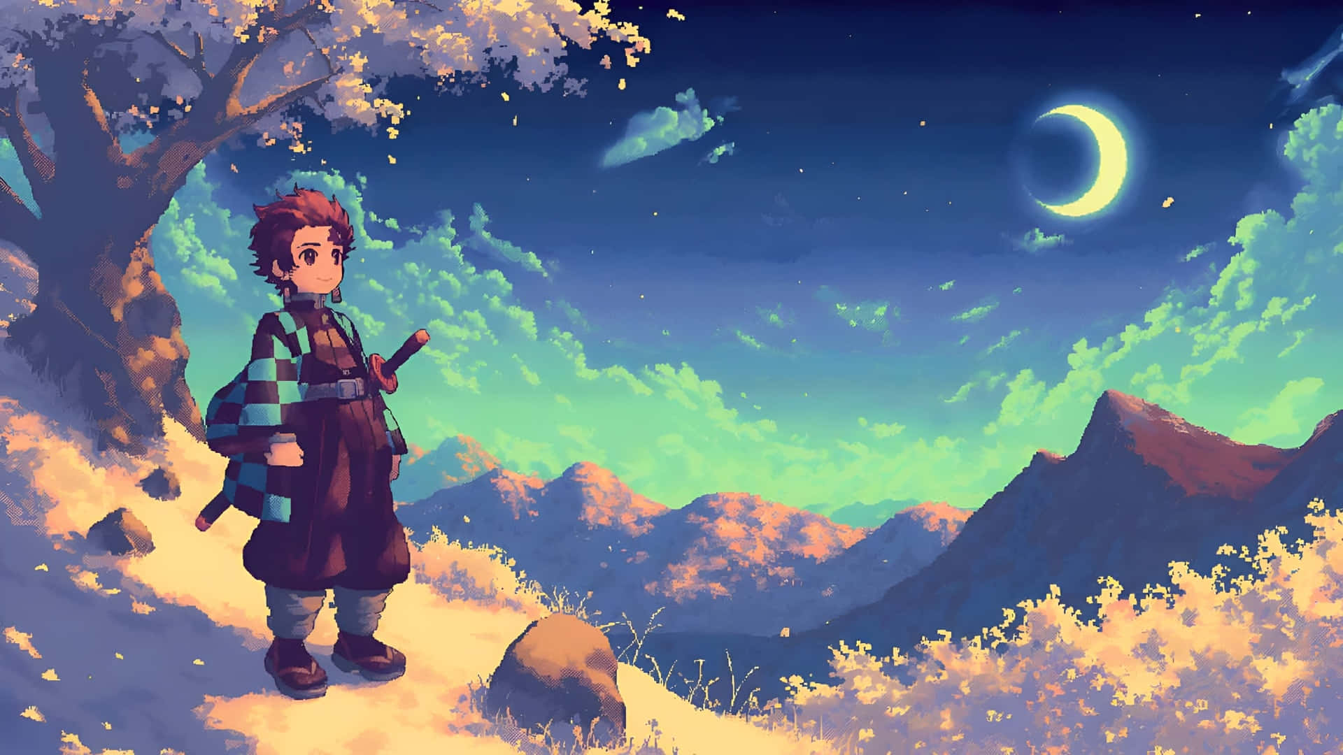 Anime Pixel Art, young warrior, red hair, Full HD Desktop Wallpaper