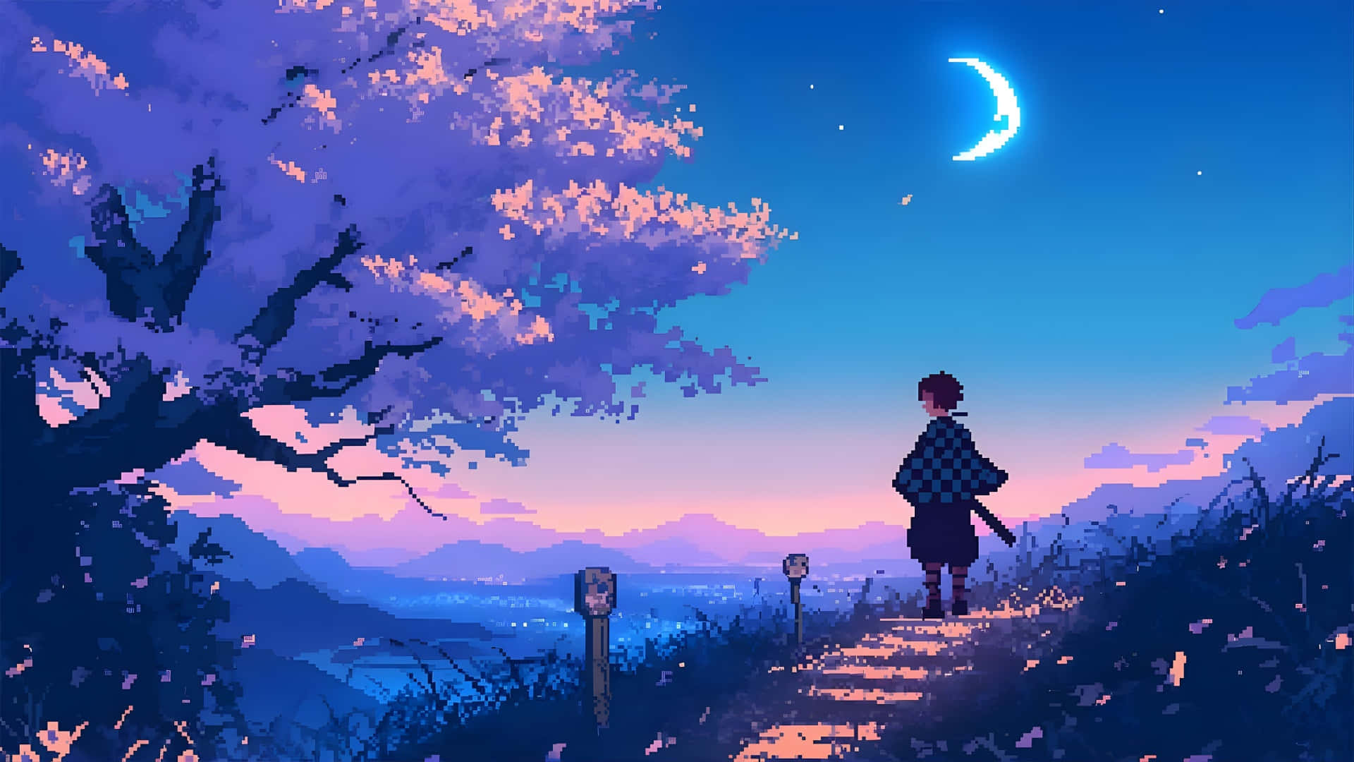 Anime Pixel Art, night scene, pixel-art warrior, Full HD Desktop Wallpaper