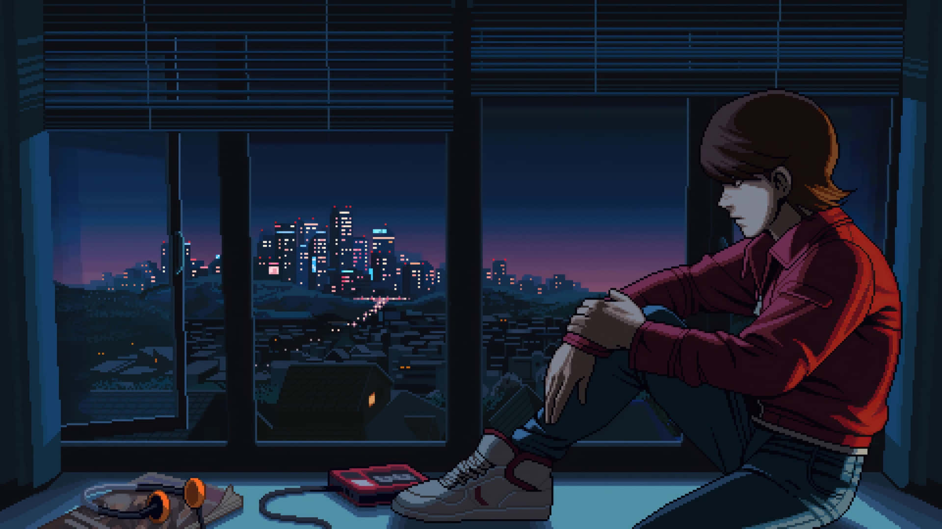 Anime Pixel Art, Night Cityscape, red jacket, Full HD Desktop Wallpaper