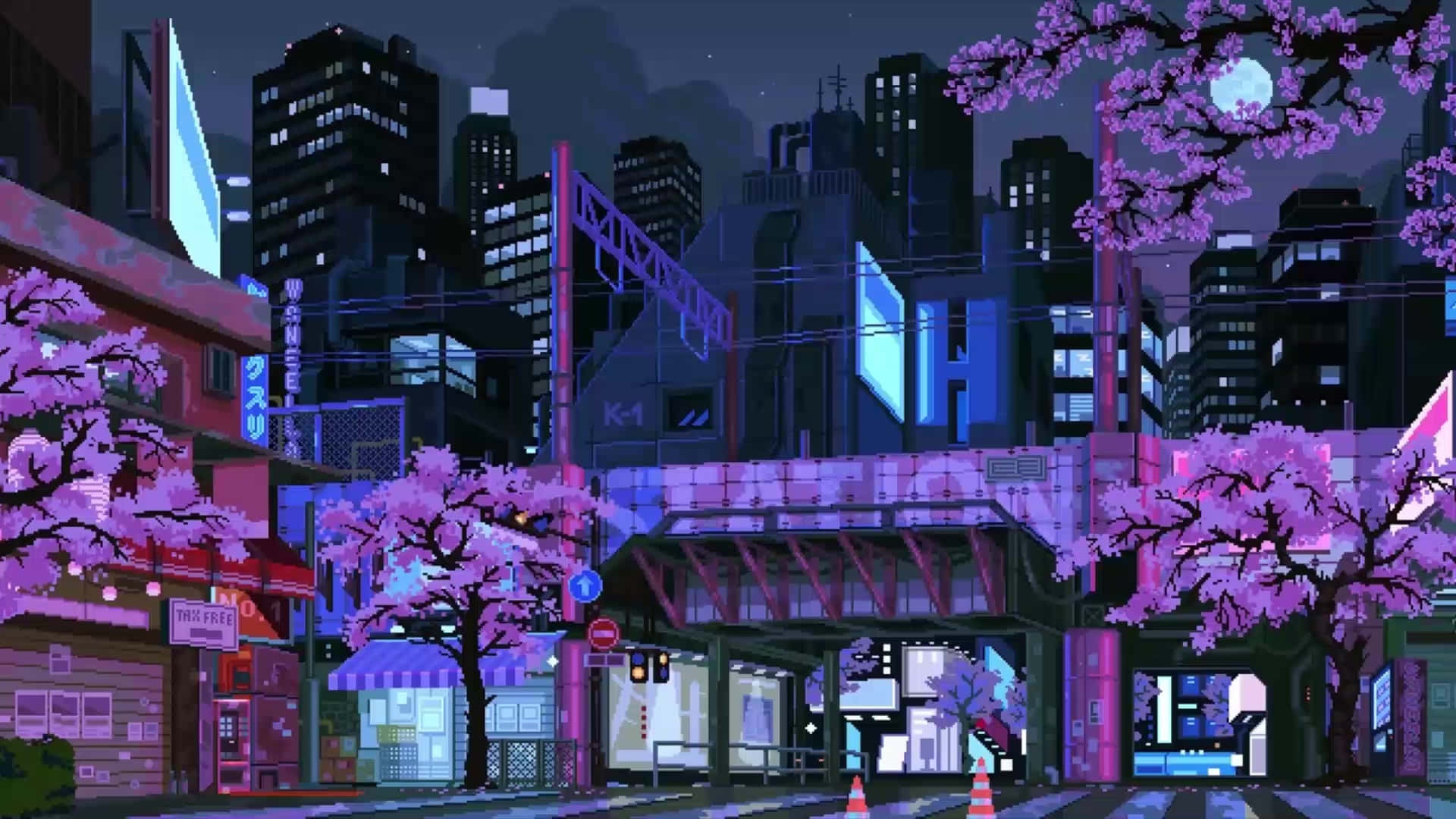 Cyberpunk Cityscape, cherry blossoms, neon-lit cityscape, Full HD Desktop Wallpaper