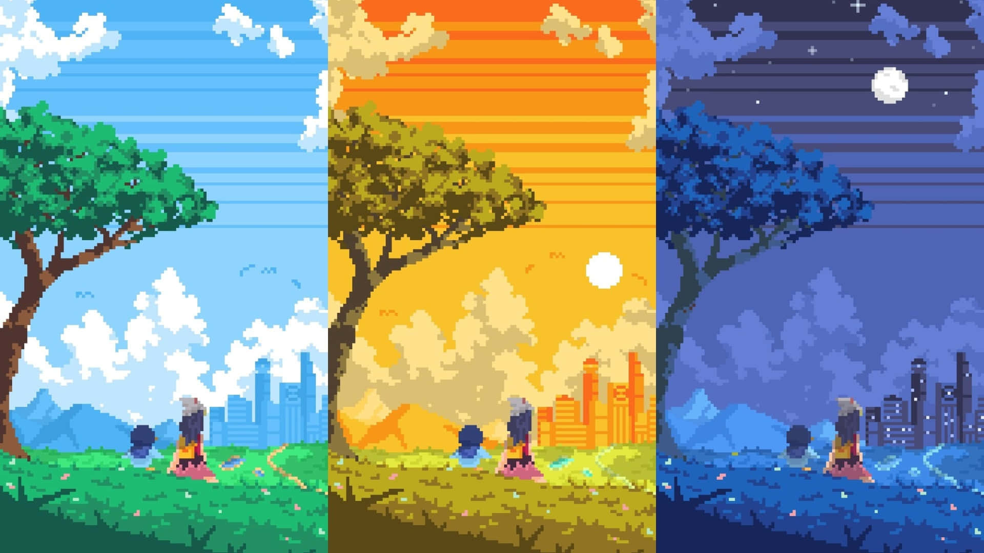 Anime Pixel Art, day sunset, night, Full HD Desktop Wallpaper