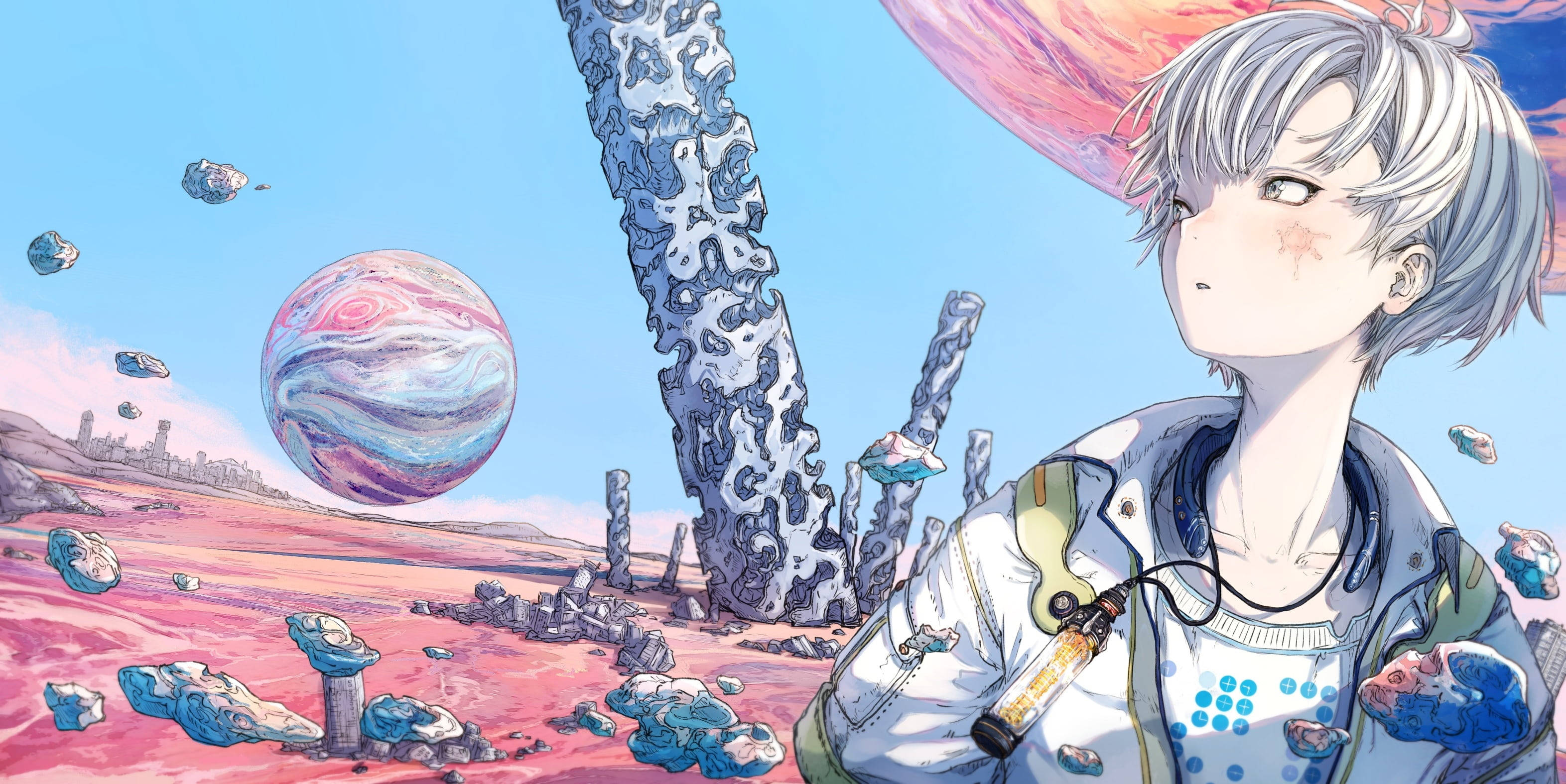 silver-haired anime character, futuristic jacket, surreal alien landscape, 2K Desktop Wallpaper