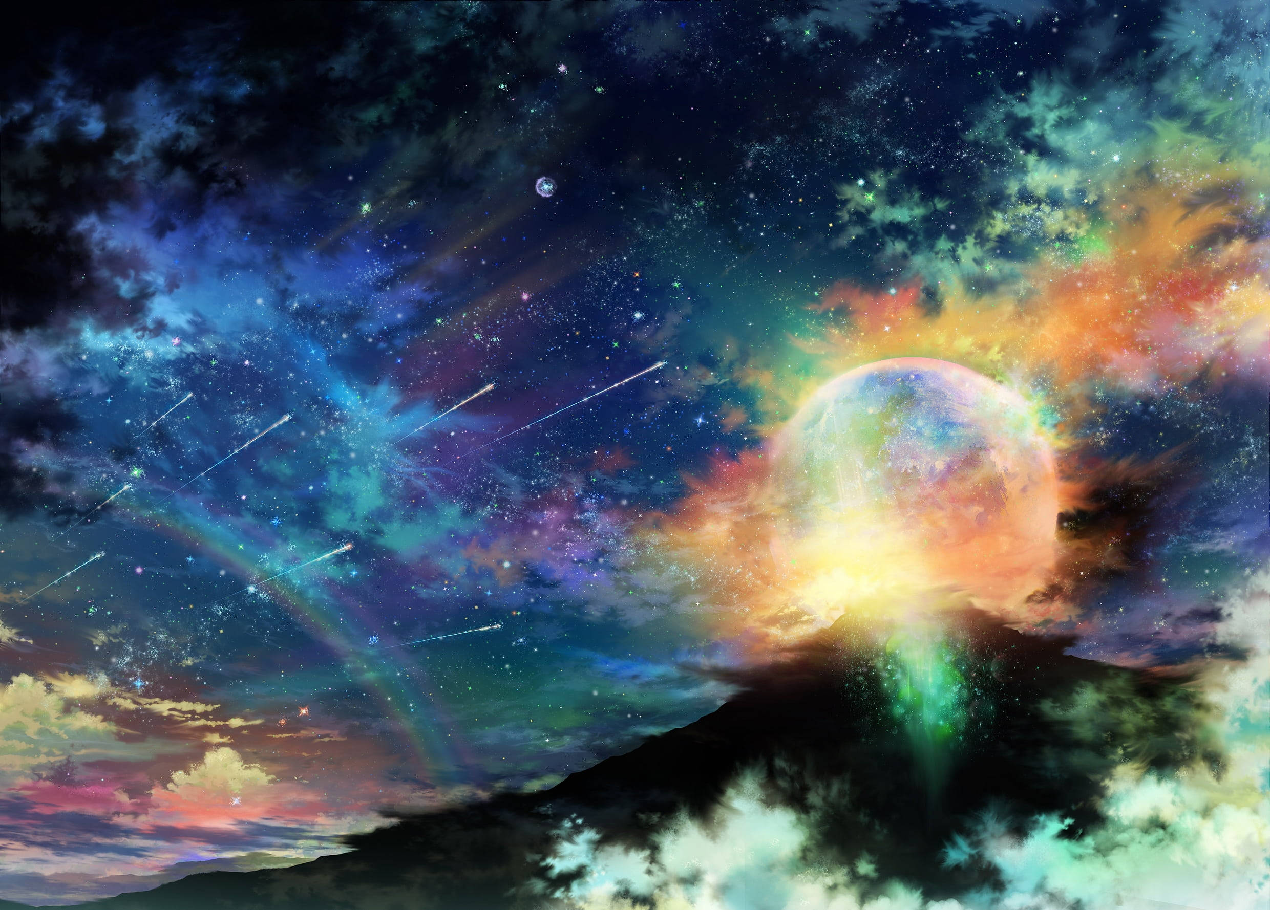Anime Planet, rainbows, cosmic mountain peak, Full HD Desktop Wallpaper