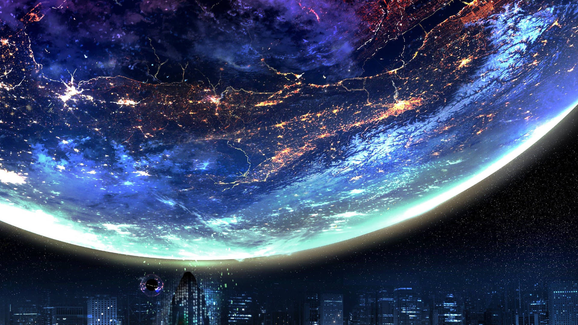 Anime Planet, futuristic city skyline, glowing planet, Full HD Desktop Wallpaper