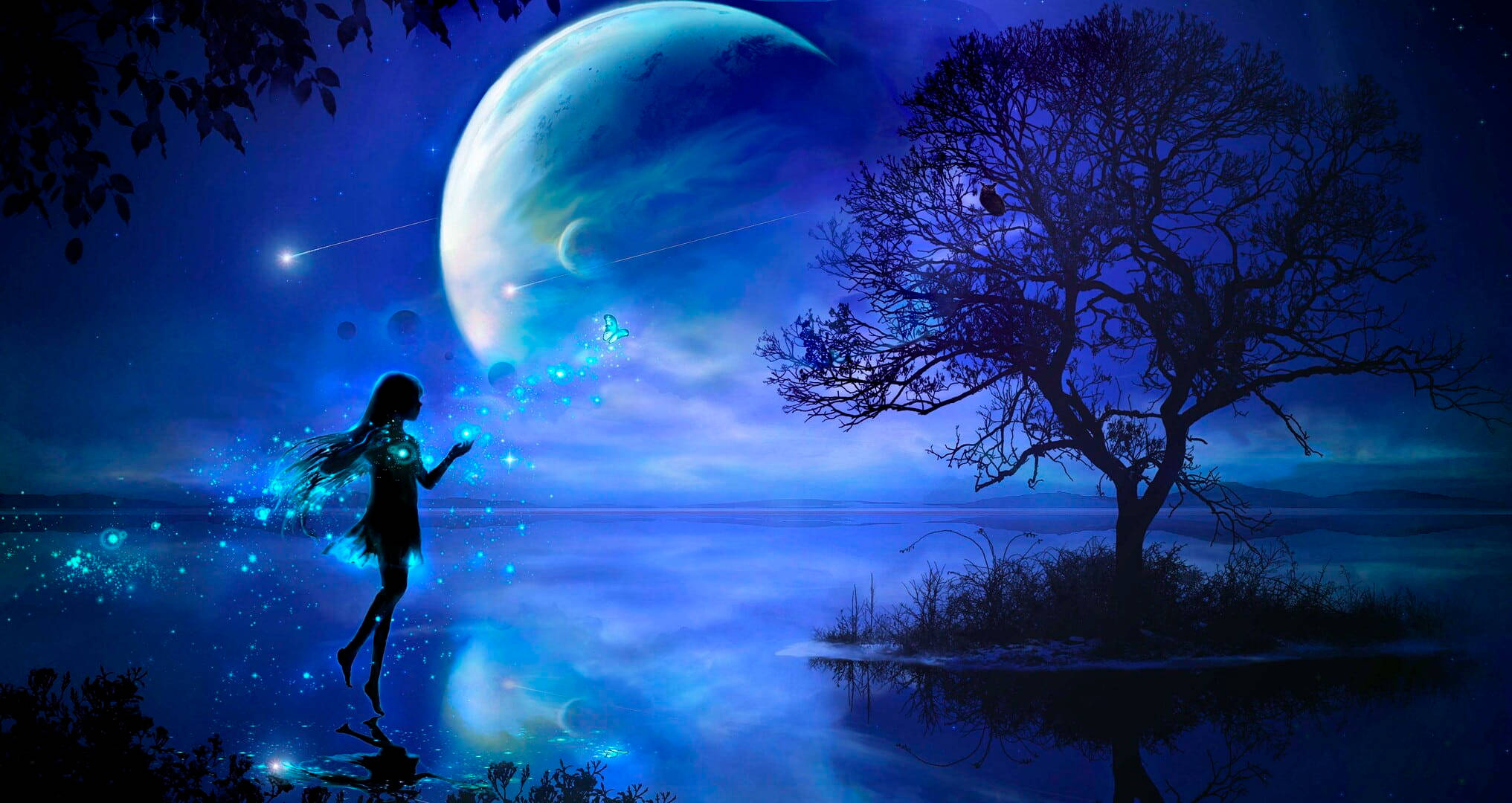 Anime Planet, silhouetted girl, glowing fairy silhouette, Full HD Desktop Wallpaper