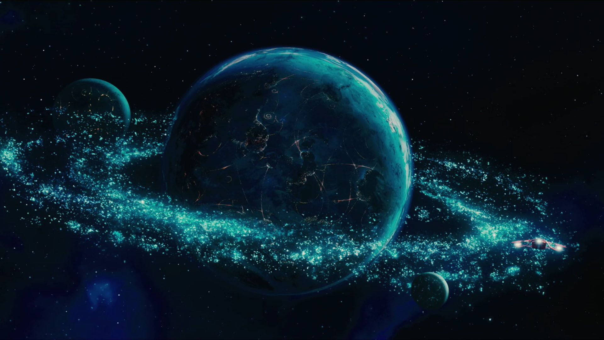 Anime Planet, glowing blue planet, luminous ring of sparkling particles, Full HD Desktop Wallpaper