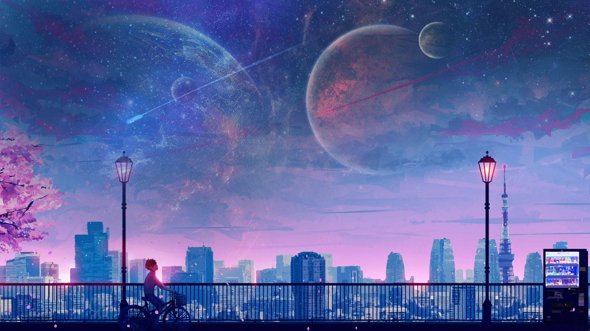 Anime Planet, bicycle, bridge, Full HD Desktop Wallpaper